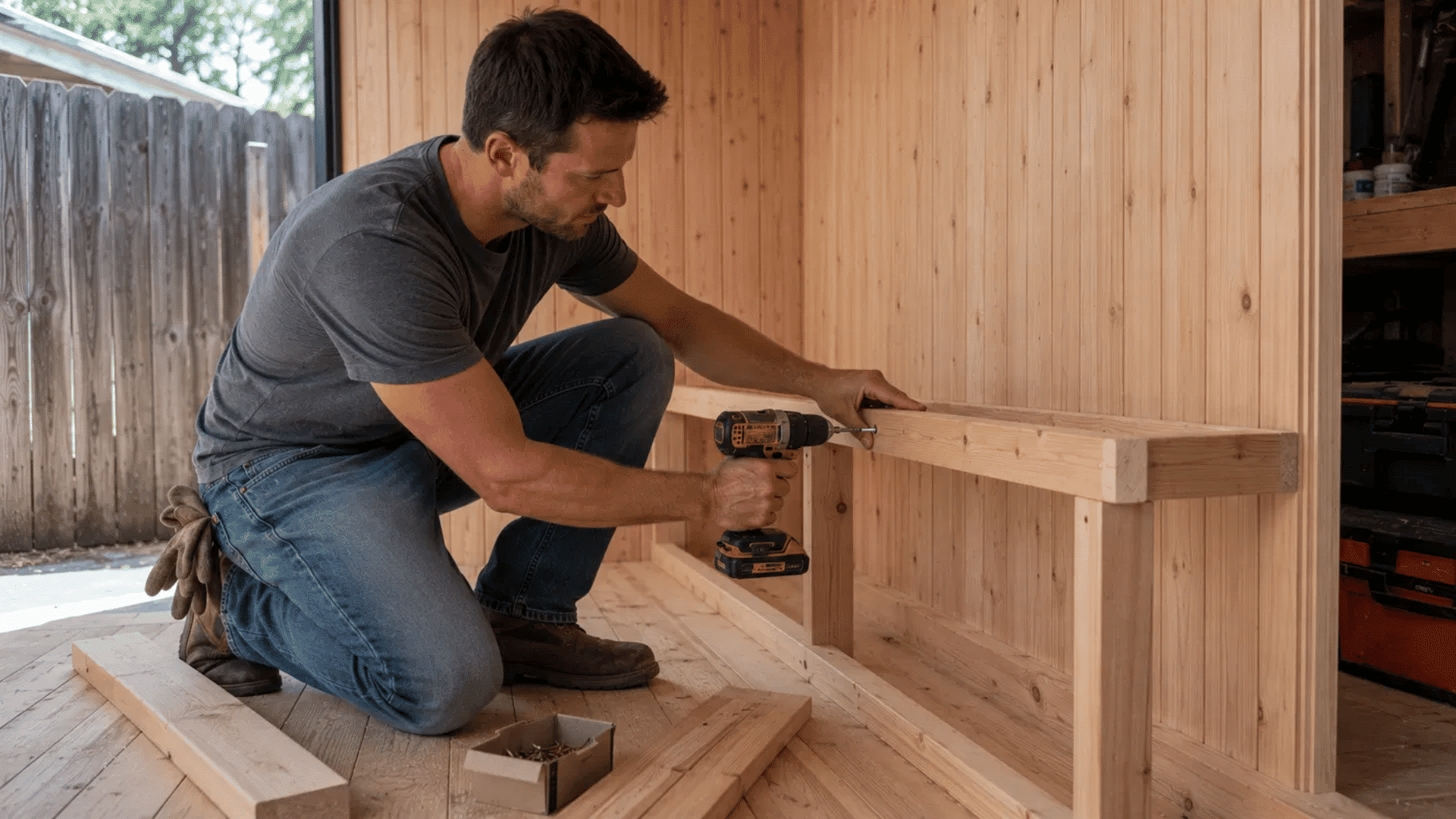 man kneeling to drill a wooden bench frame inside a paneled diy sauna