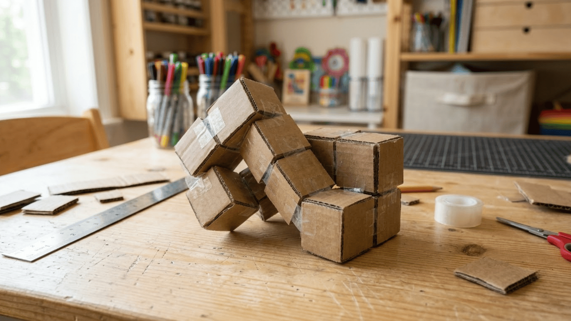 cardboard infinity fidgets shown halfway folded on a light wood table with tape ruler and cardboard nearby set
