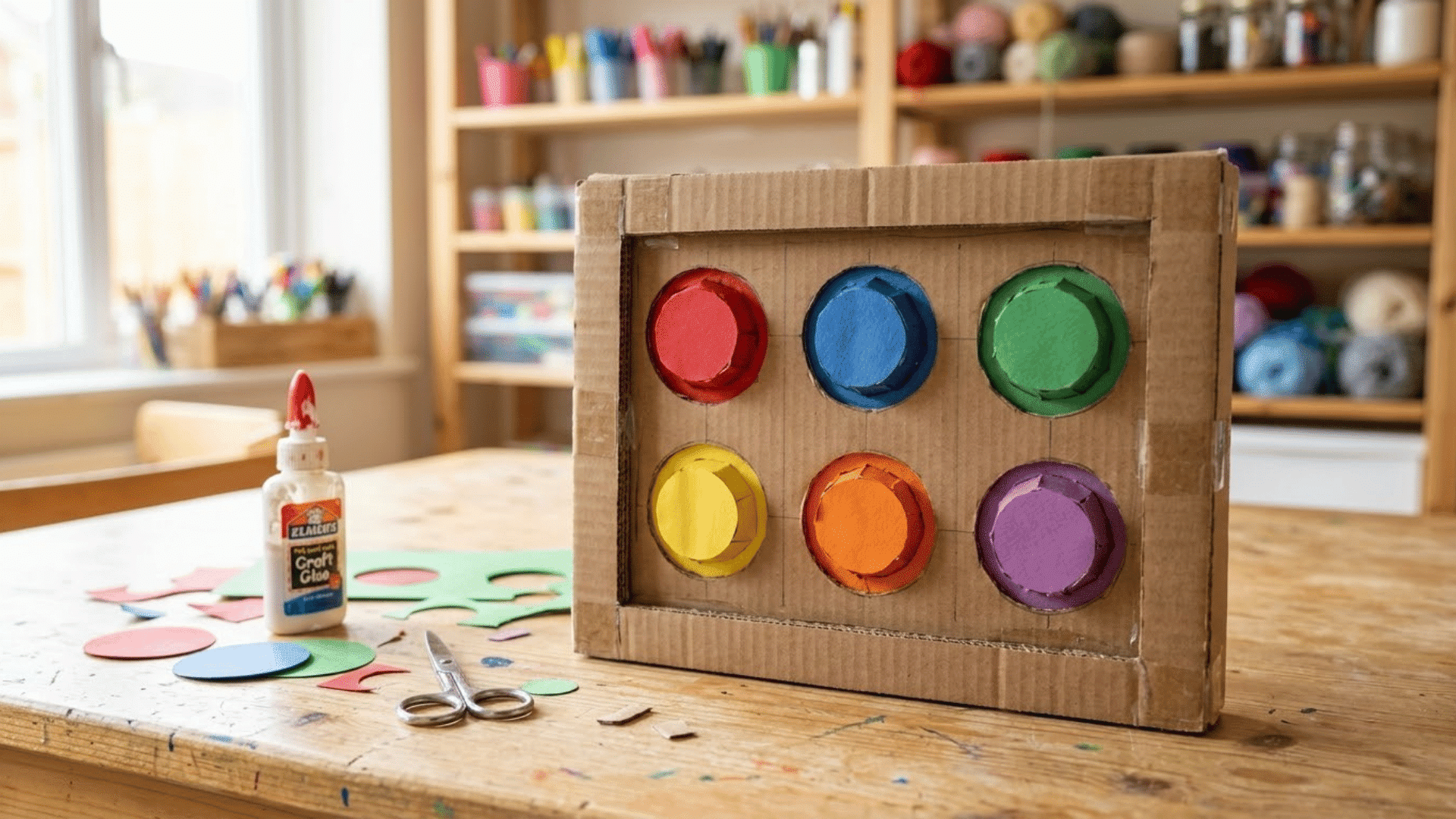 cardboard pop button board with six colored paper domes resting on a light wood craft table beside glue nearby