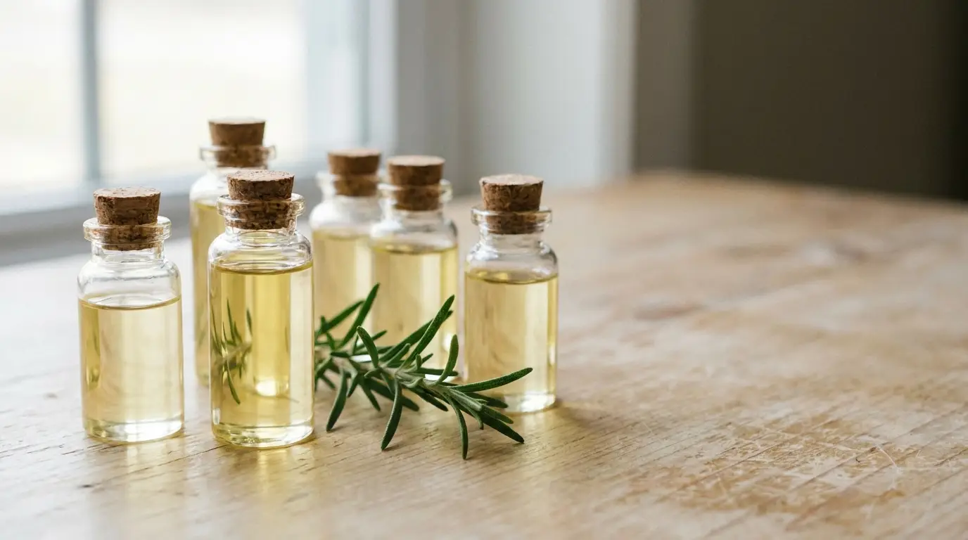 Small glass bottles of golden oil with cork stoppers and rosemary sprig on wooden table