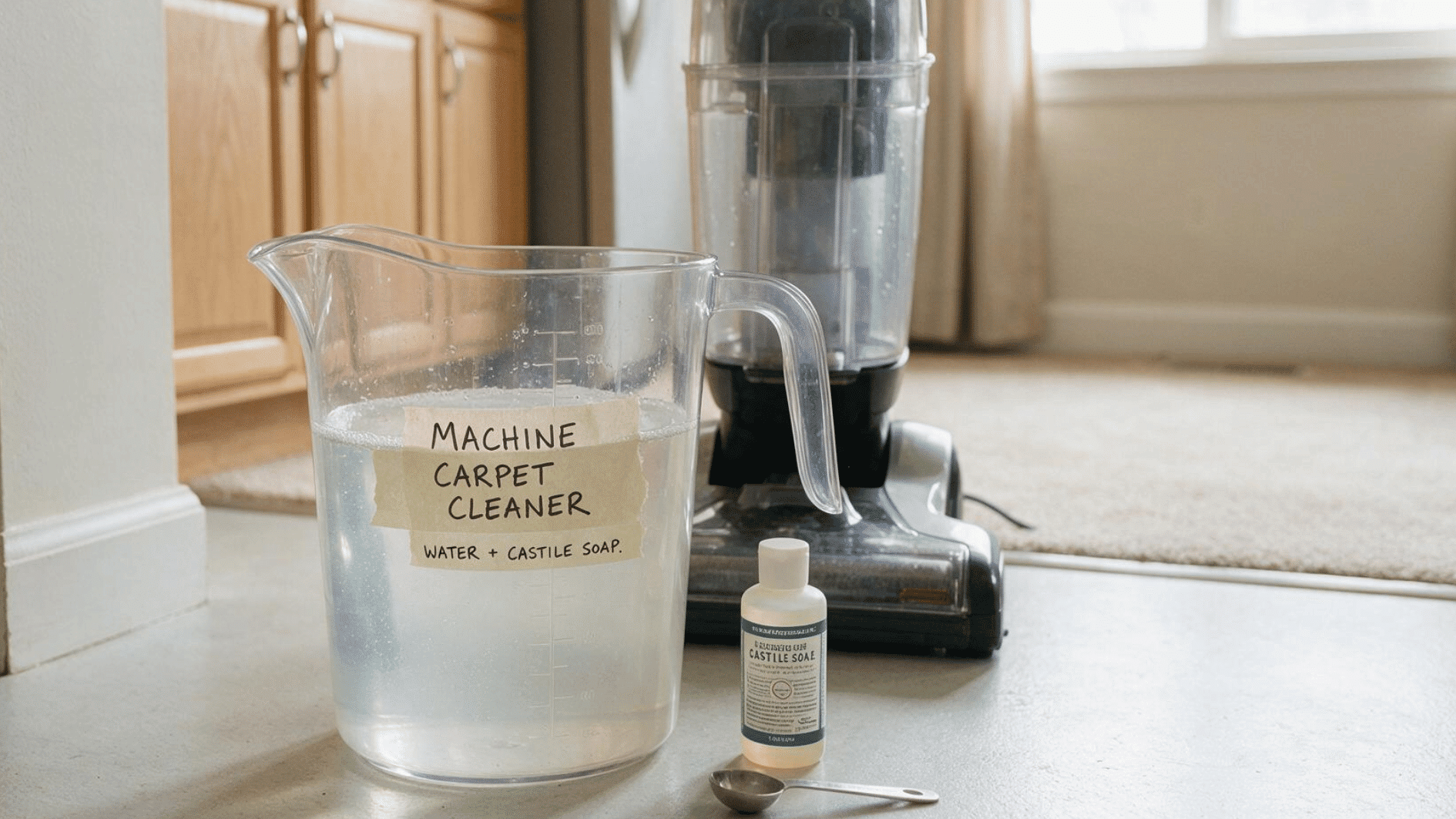 low-suds castile soap carpet cleaner prepared in a labeled pitcher beside a carpet cleaning machine