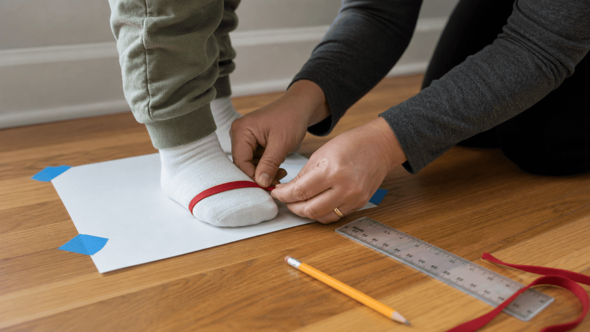 red shoelace wrapped around the ball of a toddler's foot to measure width, with a ruler waiting beside it