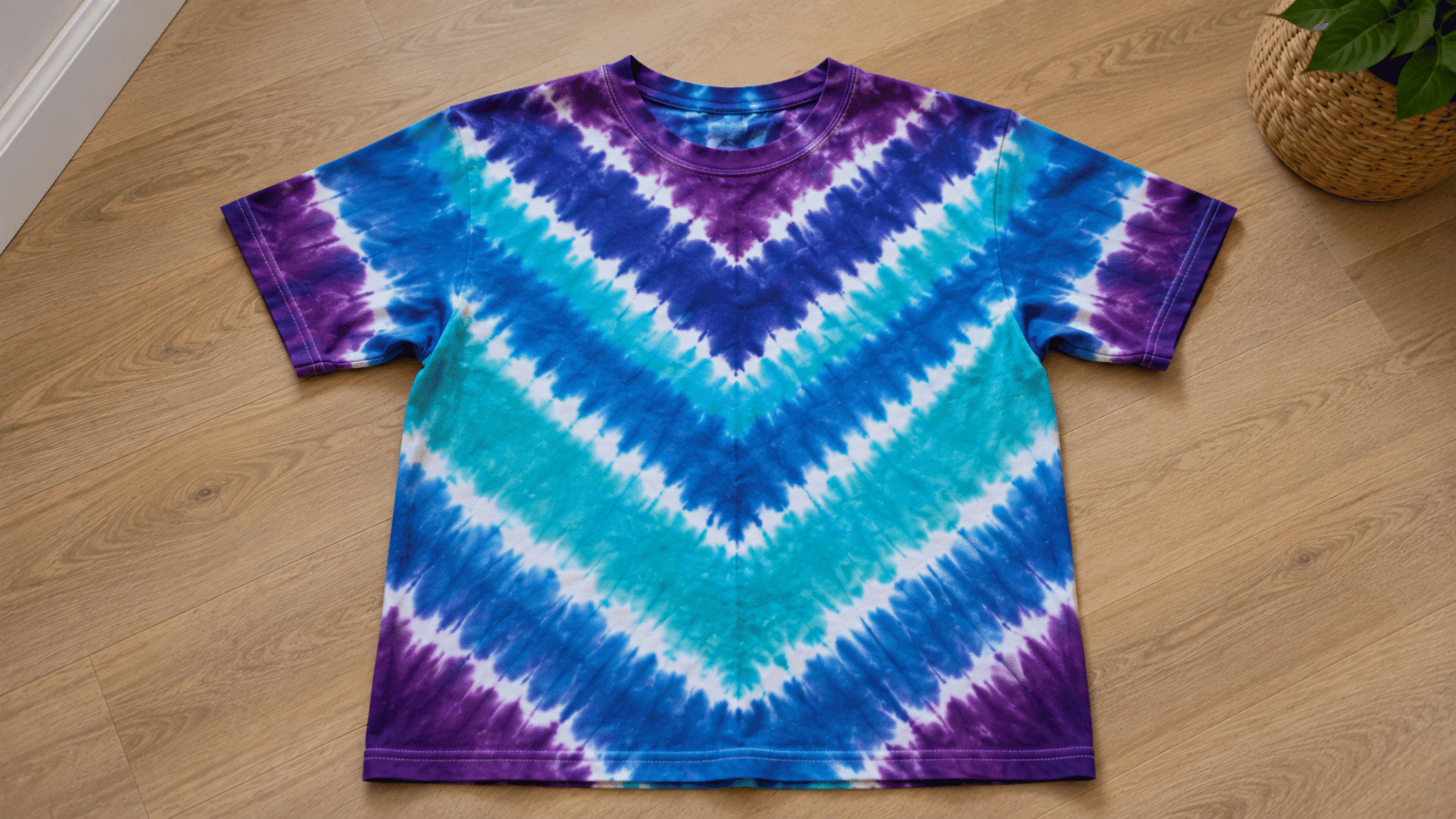 blue and purple chevron tie dye pattern with repeated v shapes on a t shirt