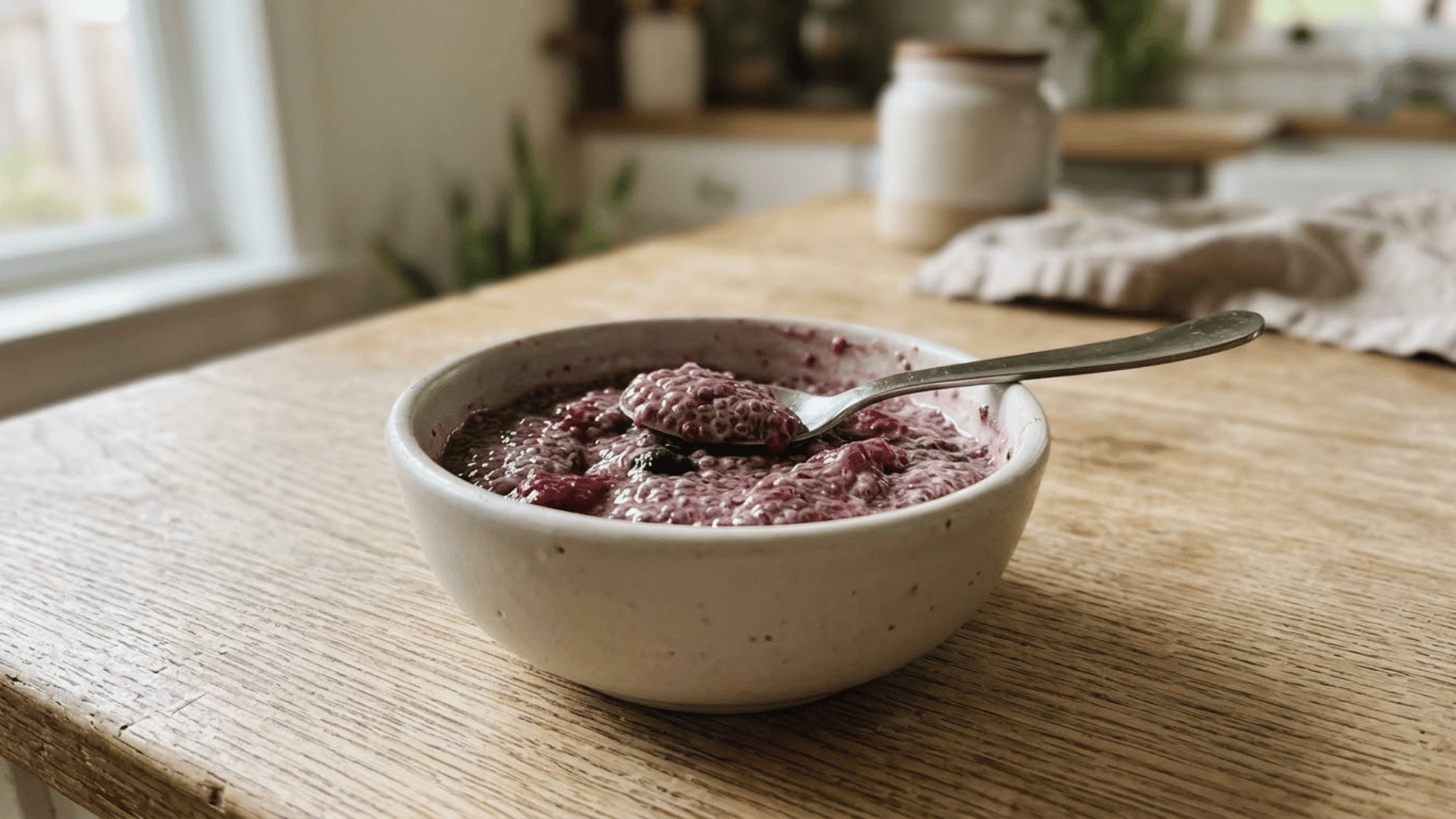 soaked chia pudding mixed with mashed raspberries and blueberries