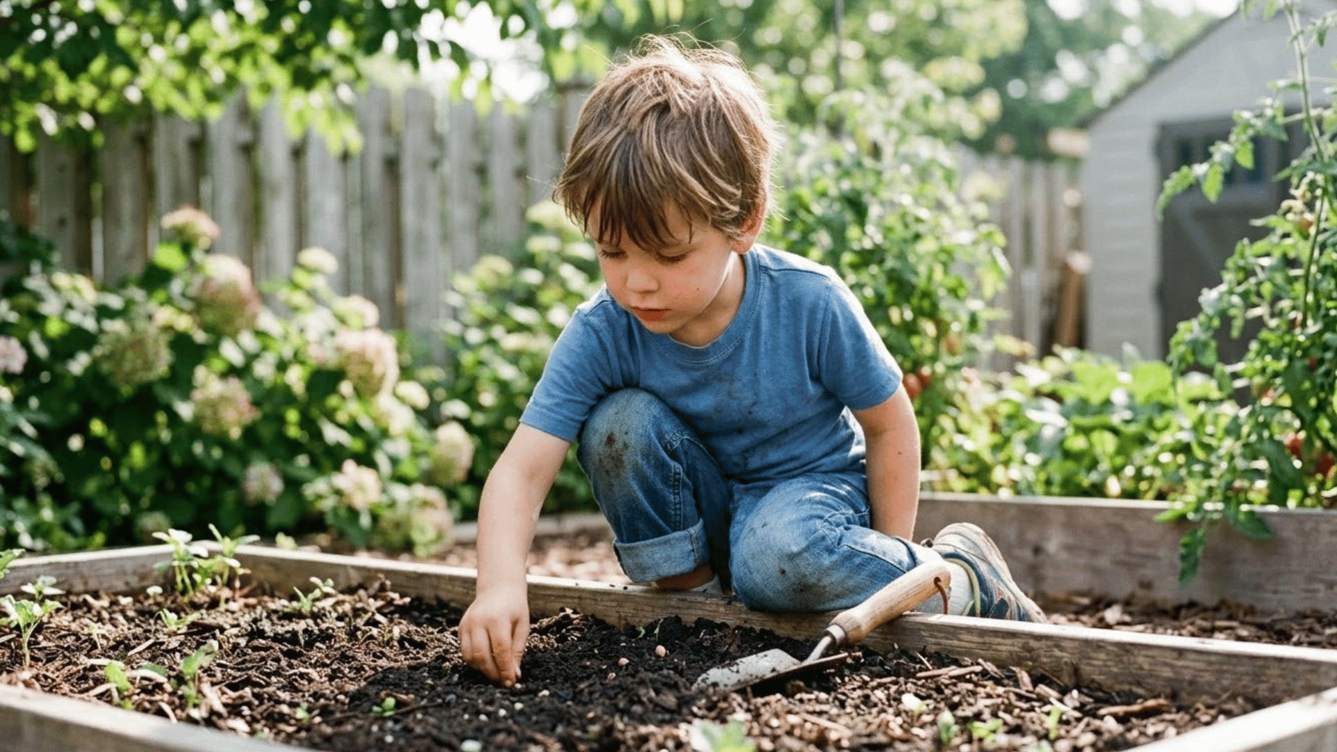 child kneeling in garden bed planting radish seed into freshly dug soil hole
