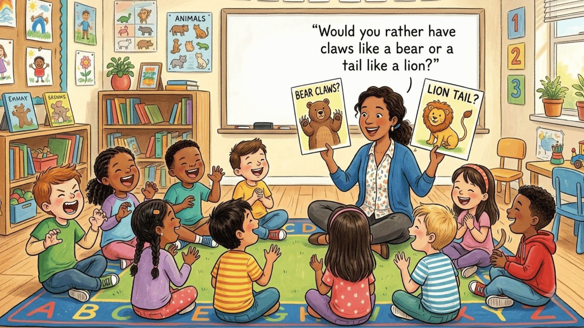 teacher playing a would you rather game with kindergarten children in a classroom