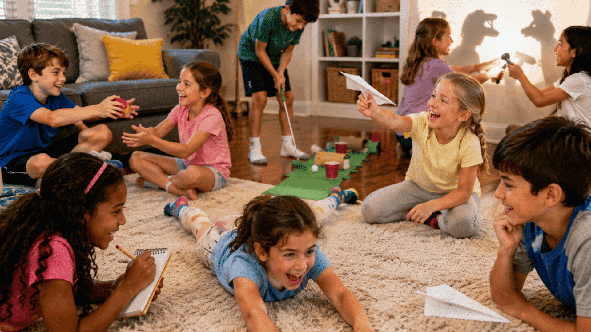 children flying paper airplanes during a friendly indoor contest in a living room