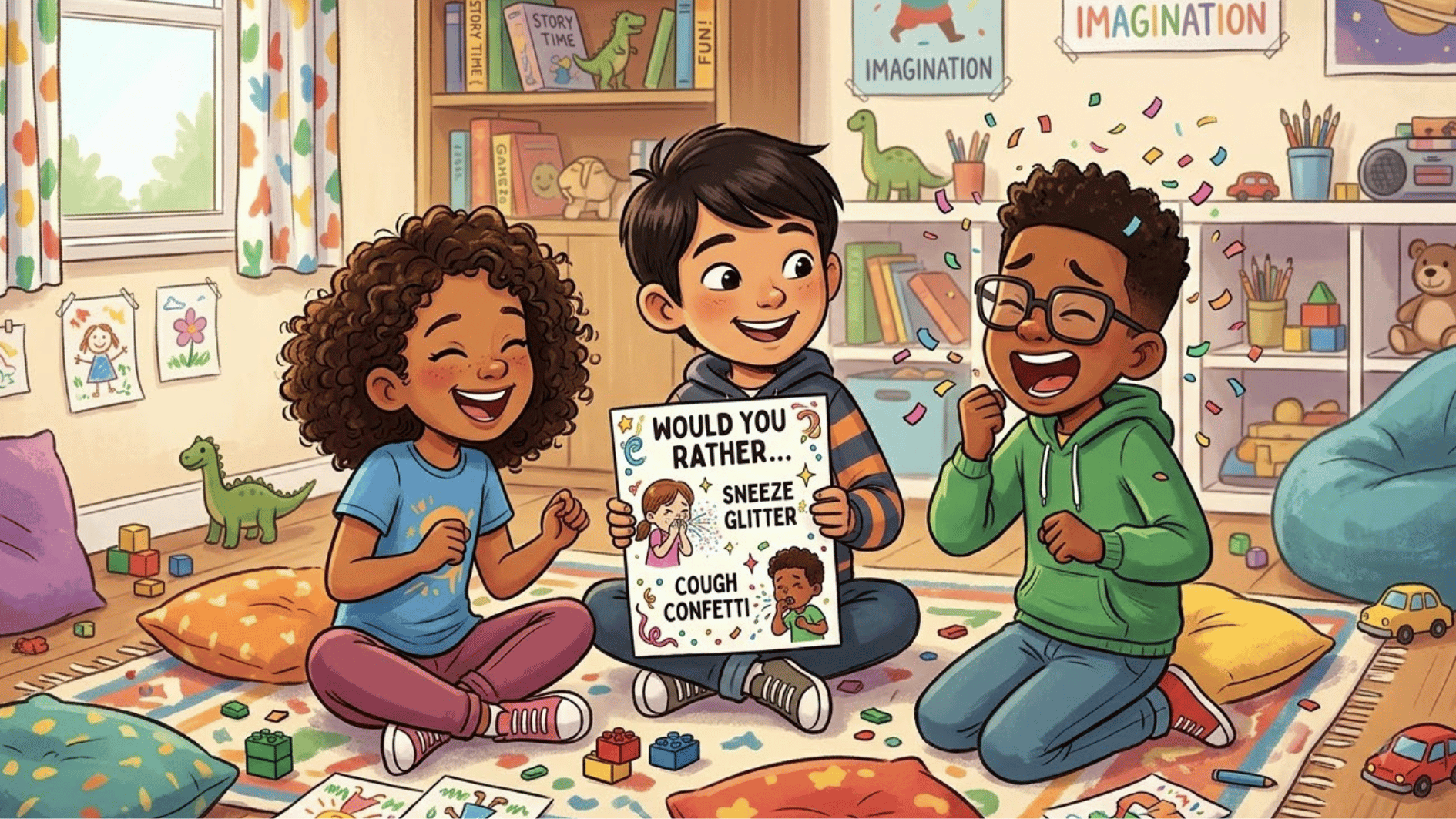 kids sitting on a rug and laughing while playing a would you rather game with cards