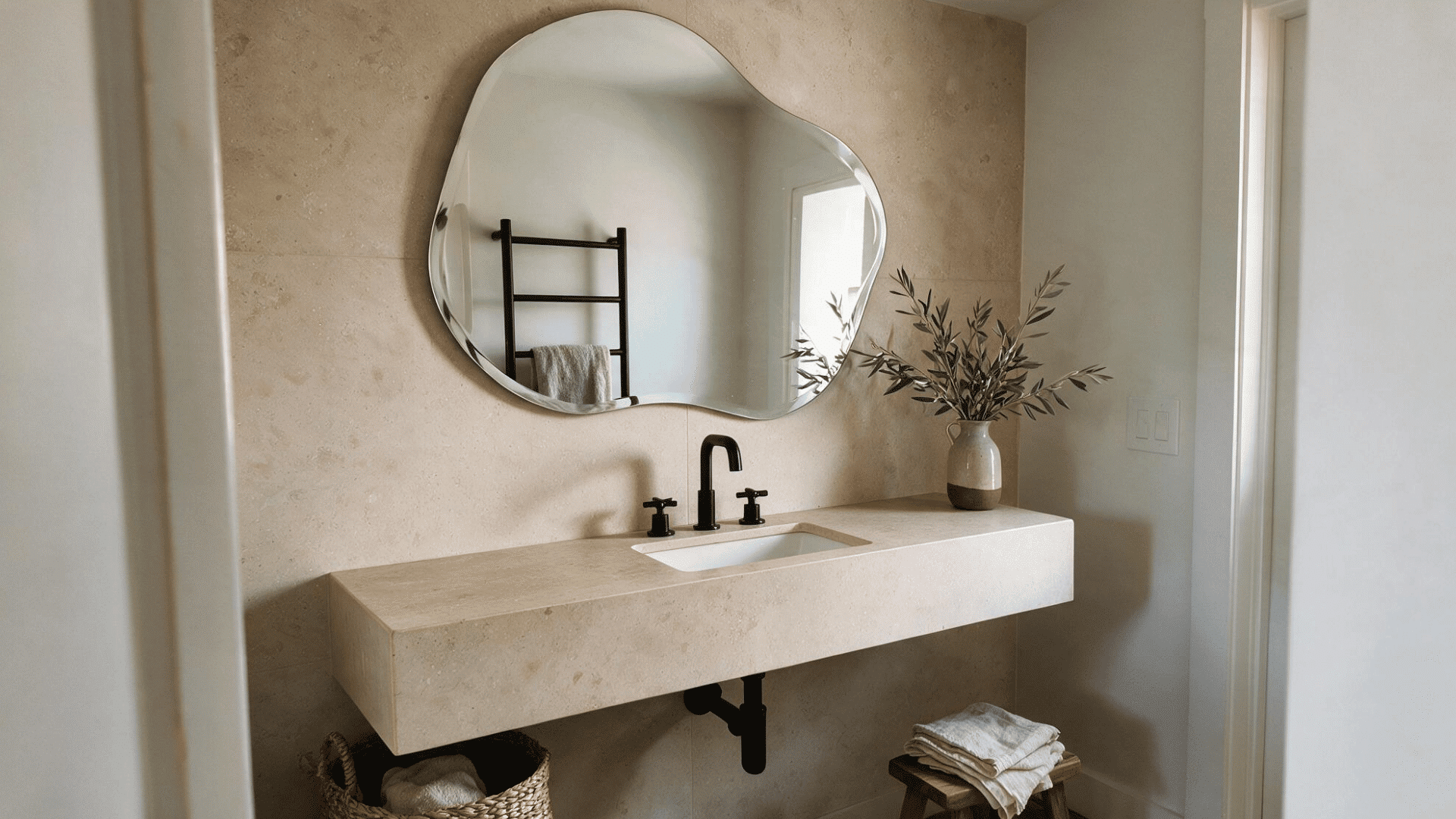 small half bathroom with an oversized wavy sculptural mirror, floating stone vanity, and black wall-mounted faucets