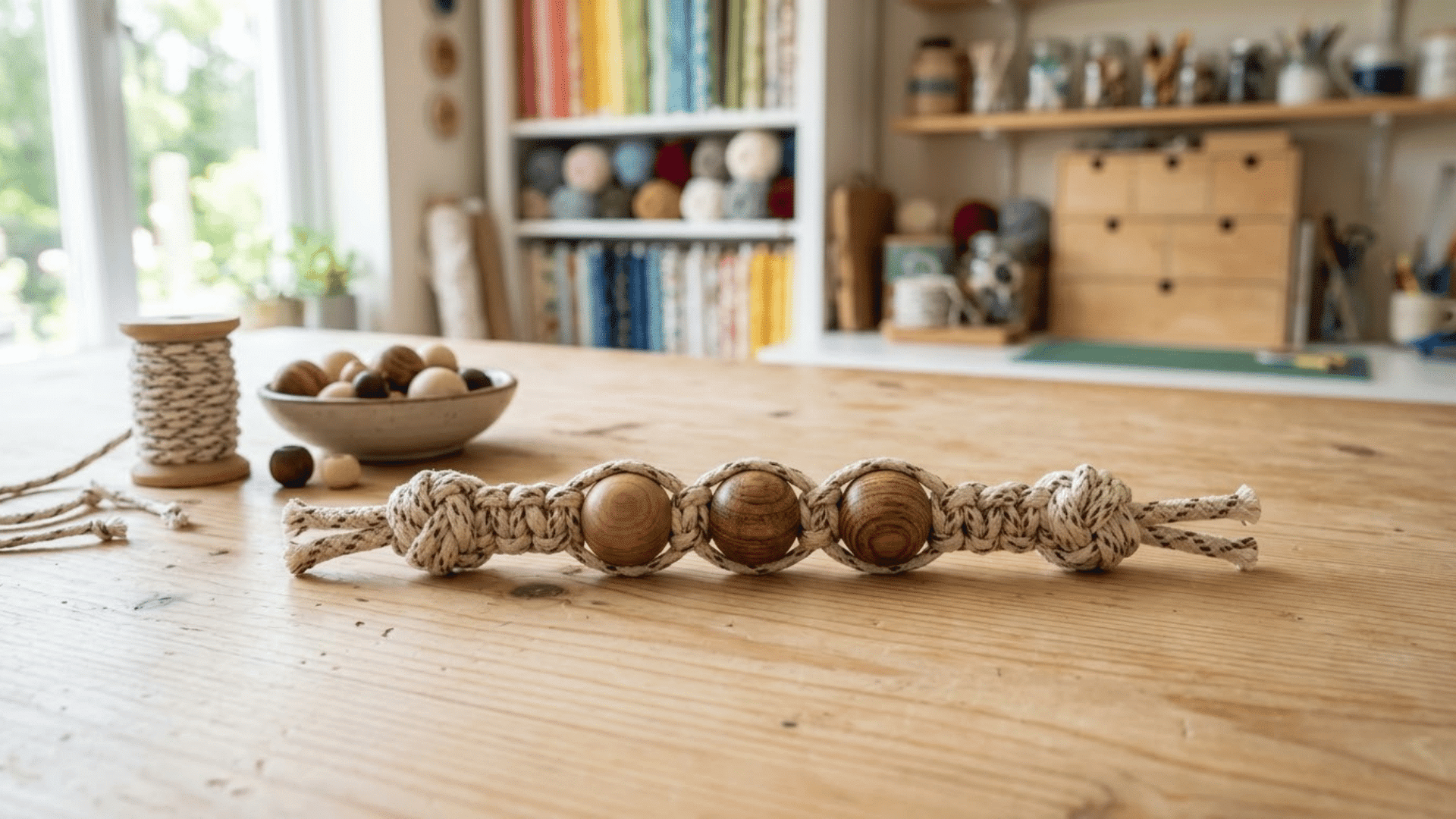 braided cord and bead fidget with three wooden beads resting on a light wood craft table beside supplies tools