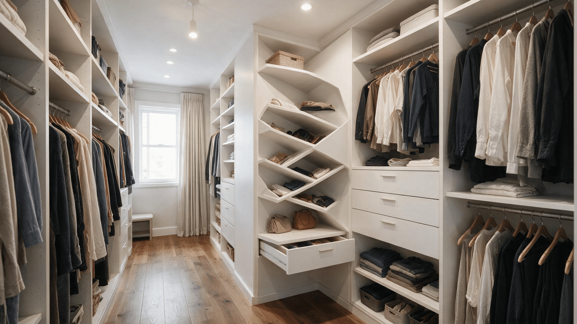small walk-in closet with fitted corner shelves for handbags and accessories