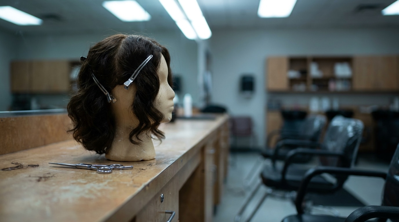 Styrofoam mannequin head with hair clips on salon counter near scissors
