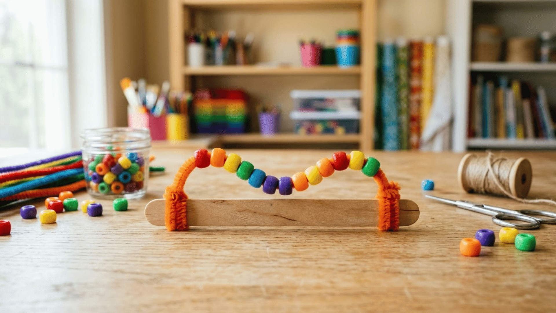 craft stick bead slider with colorful pony beads and a pipe cleaner resting on a light wood craft table nearby