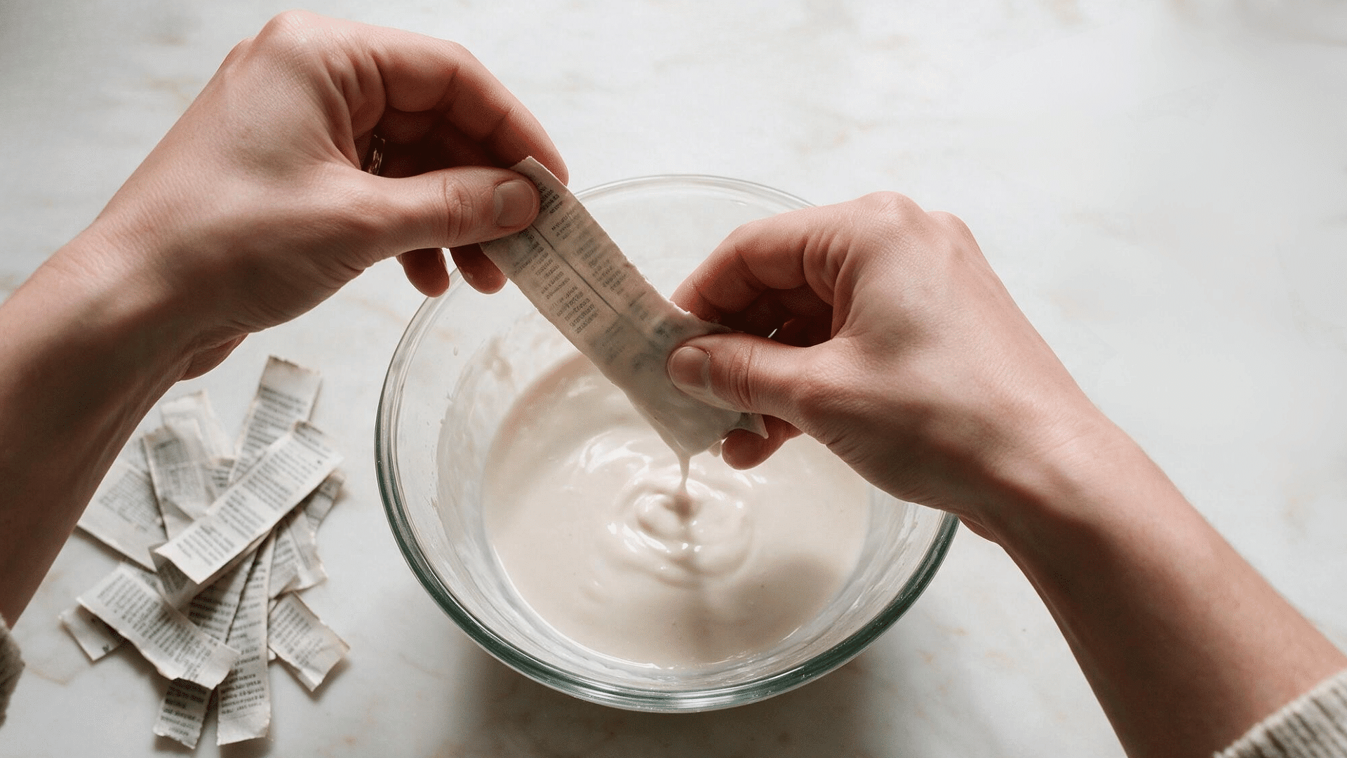 hands dipping a newspaper strip into a bowl of smooth white paper mache paste