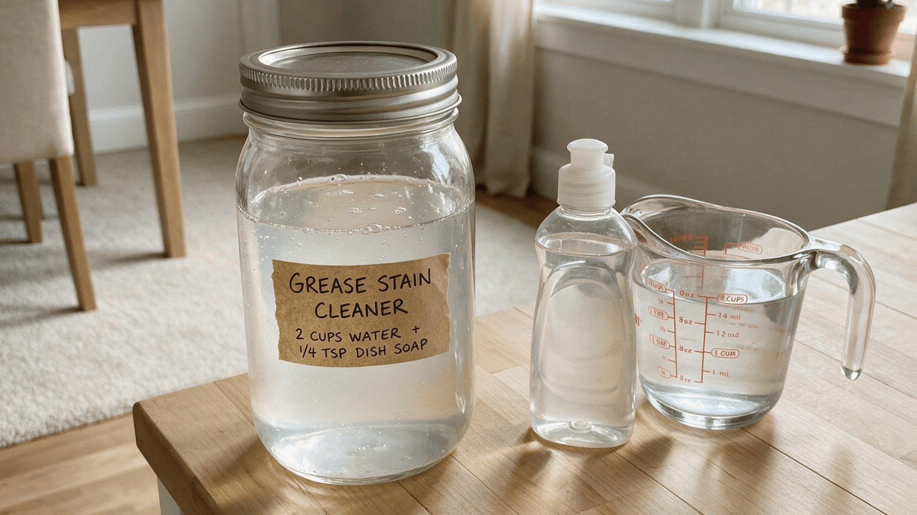 homemade dish soap carpet cleaner with water and clear dish soap ingredients beside the finished mix
