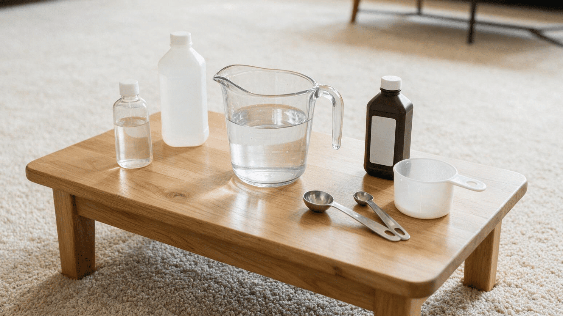 a small wooden table with ingredients for making a diy carpet cleaning solution