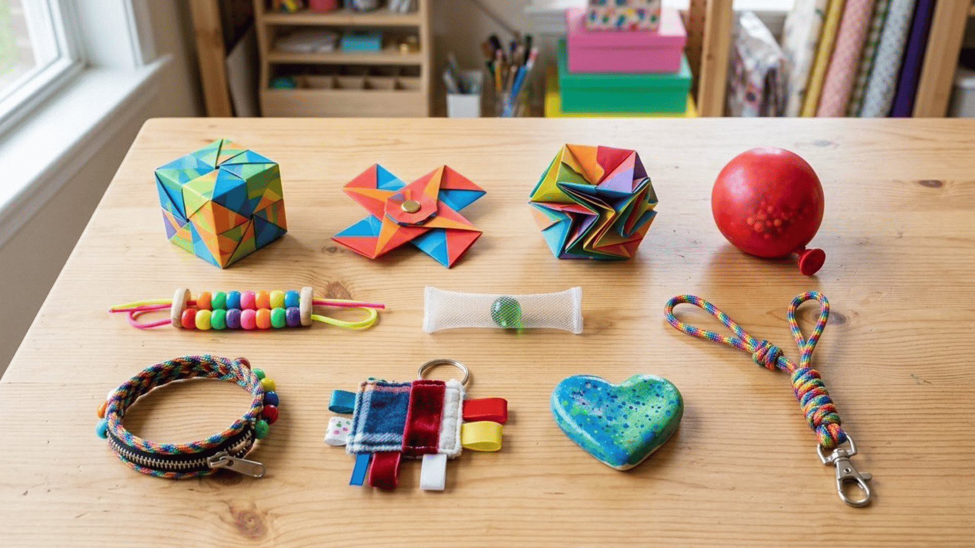 colorful diy fidget toys including paper cubes bead sliders stress balls and fabric loops on a wooden tabletop