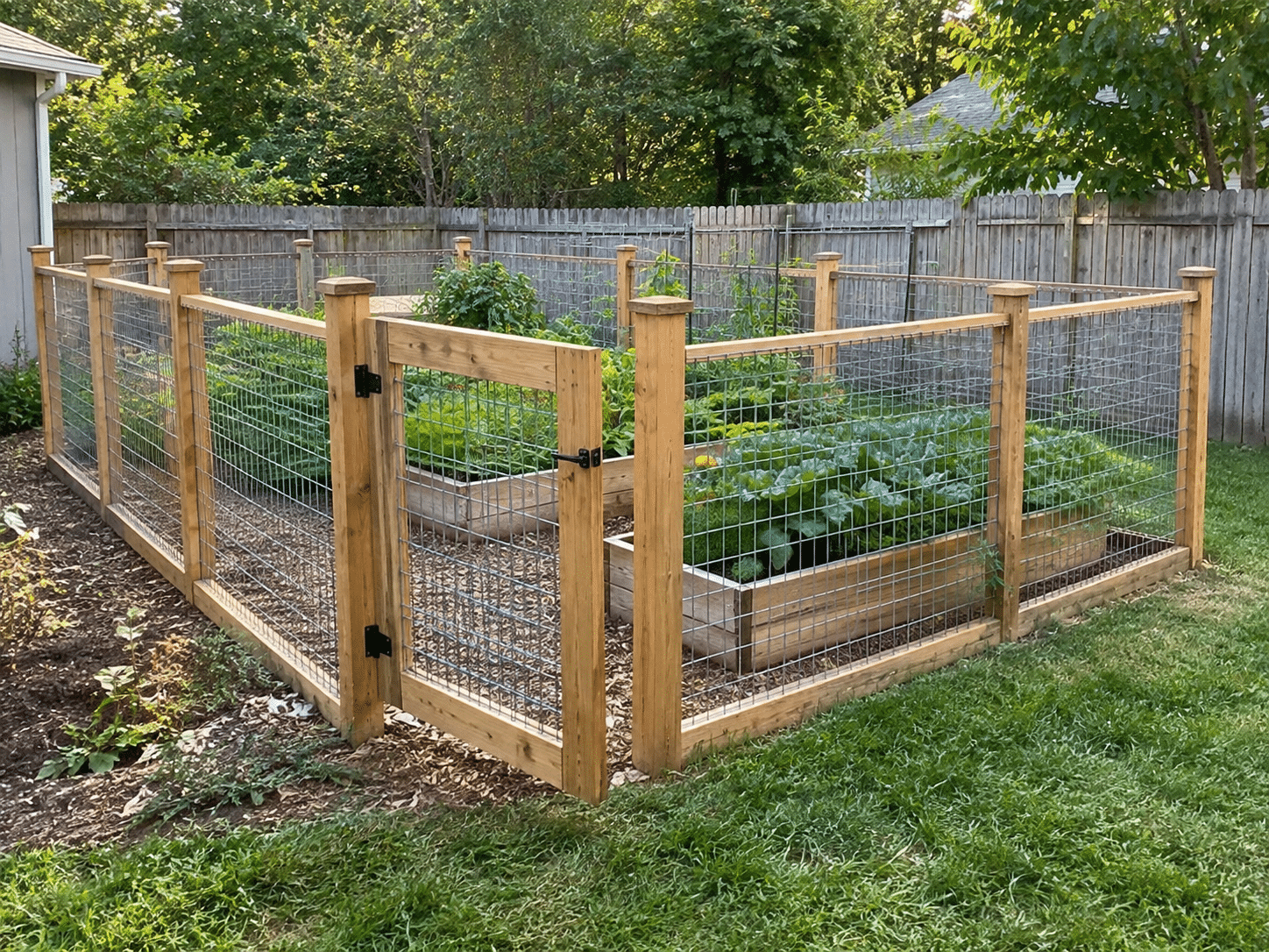 finished diy garden fence with wooden posts, wire mesh, gate, and raised vegetable beds