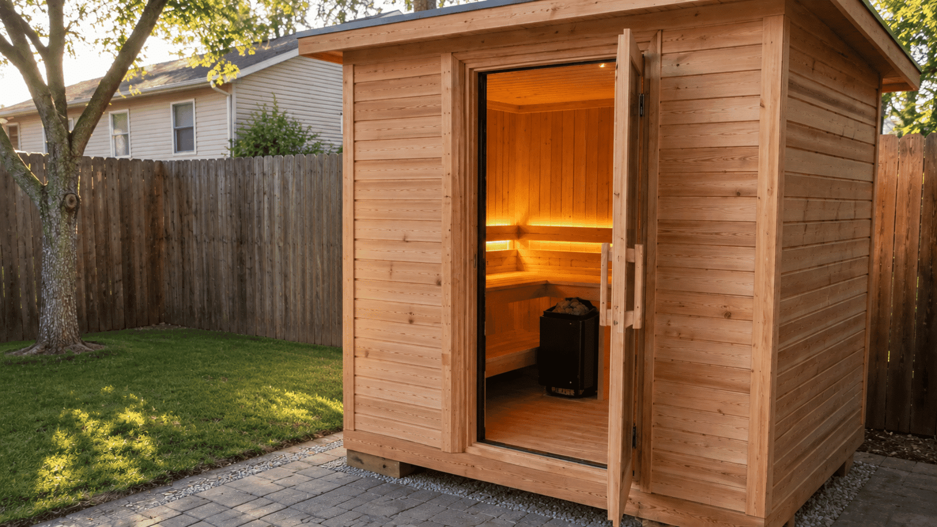 wooden outdoor sauna cabin with open door glowing interior heater and bench set in a green backyard