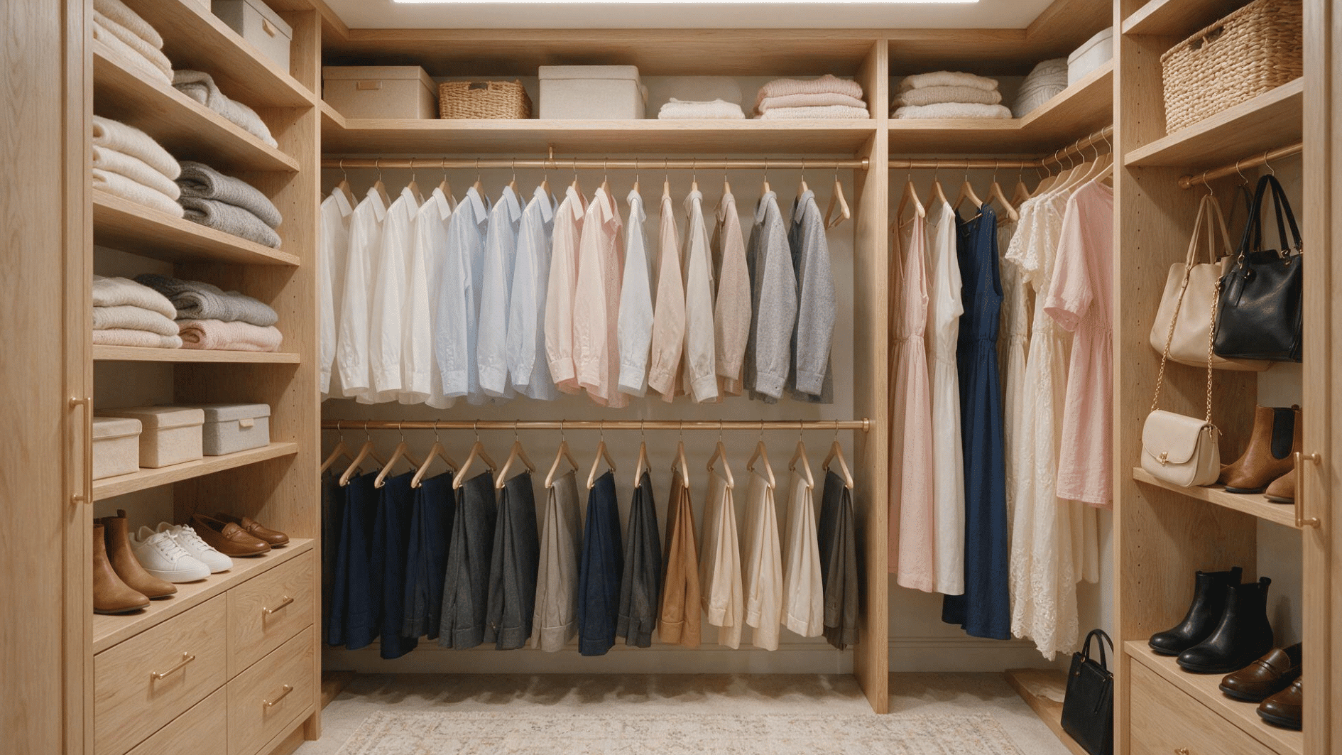 small walk-in closet with double hanging rods for shirts, pants, and shorter clothes