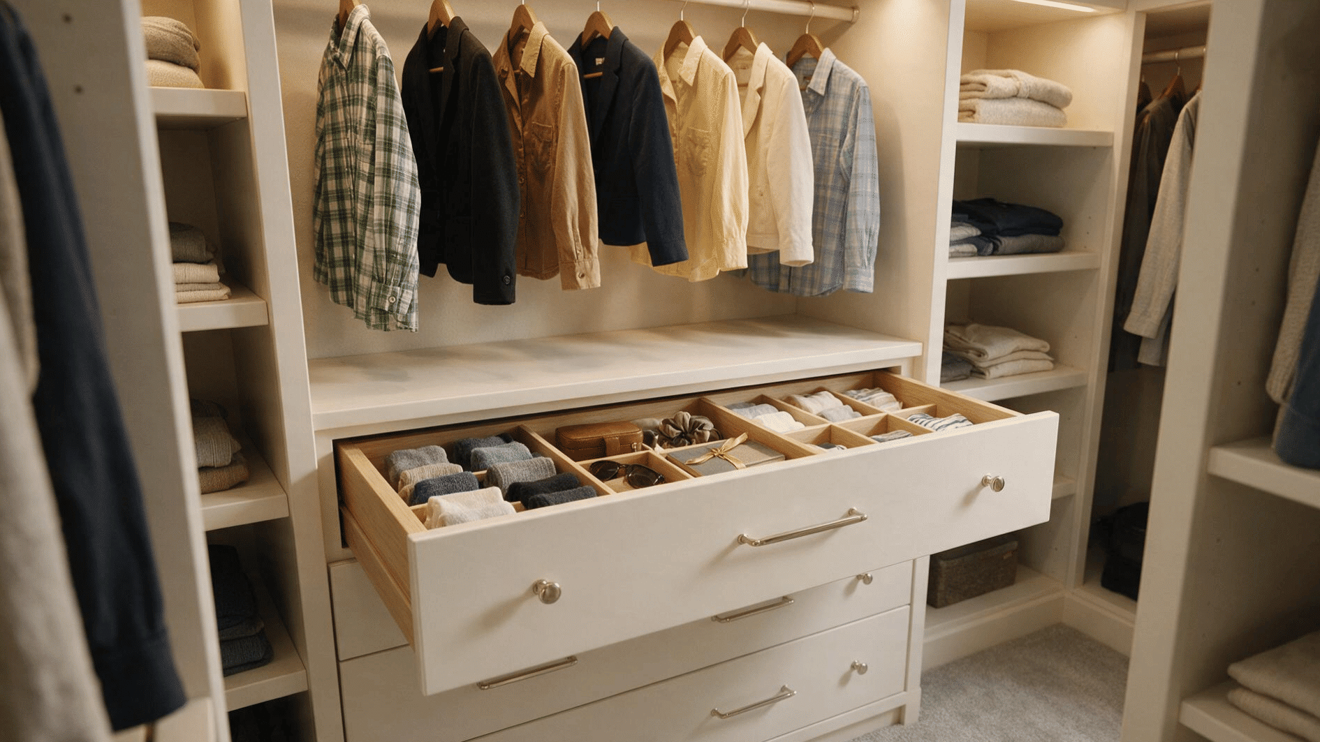 small walk-in closet with built-in drawers positioned below short hanging clothes