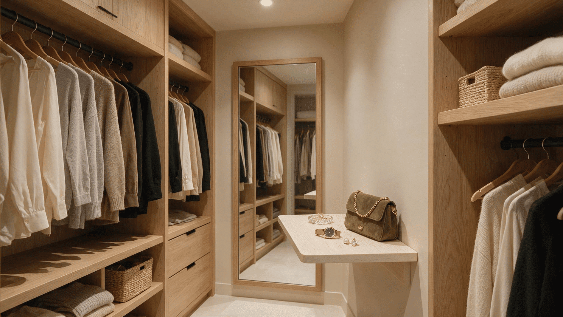 small walk-in closet with a shallow dressing ledge beside a full-length mirror