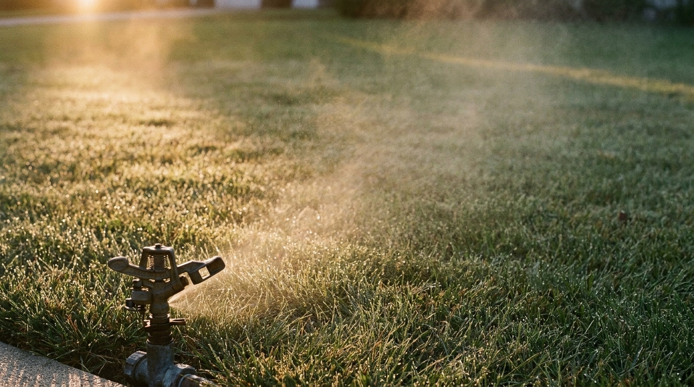 Sprinkler watering a dewy lawn in early morning sunlight