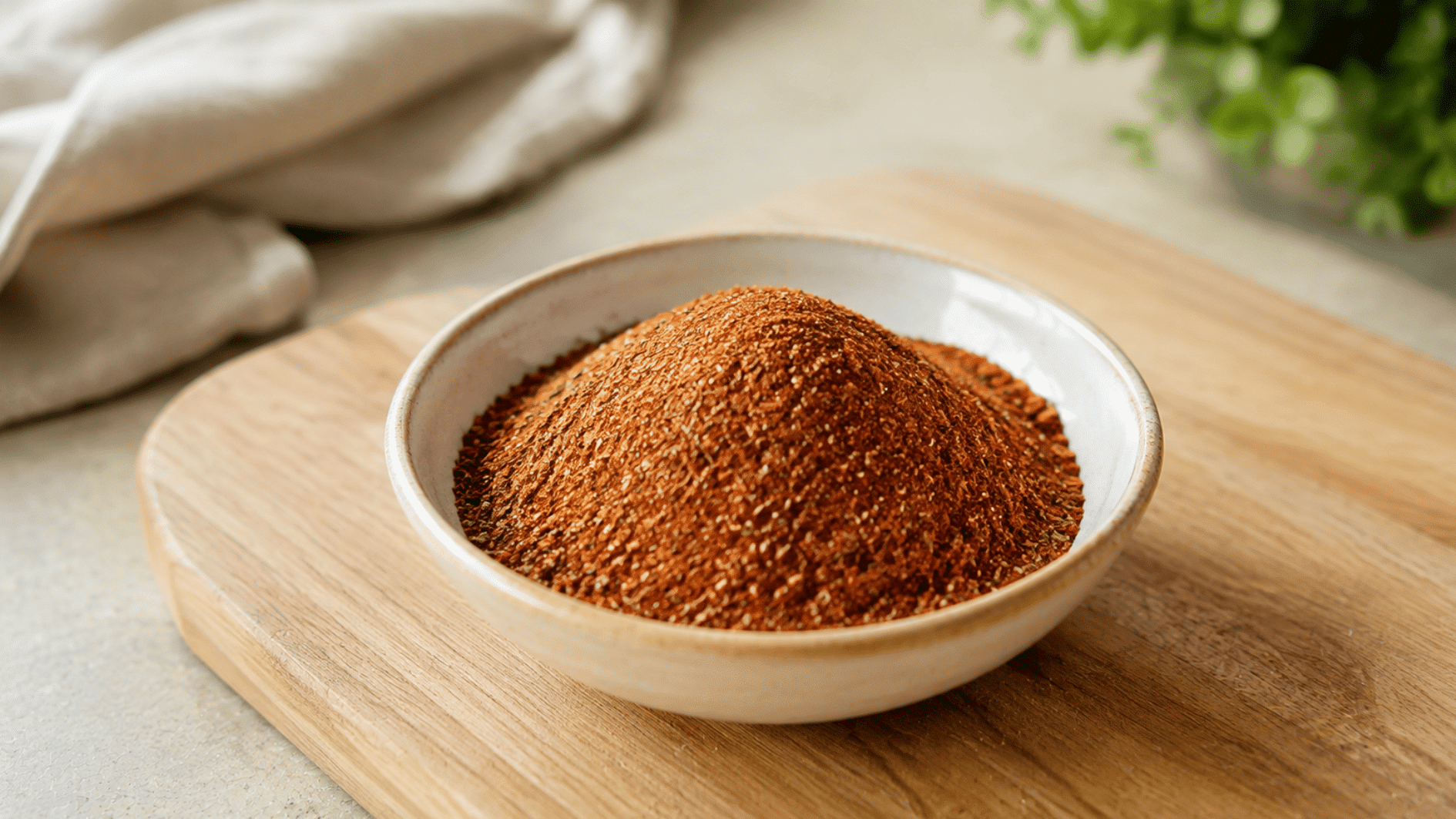bowl of homemade taco seasoning blend with warm red and brown spices placed on a wooden cutting board