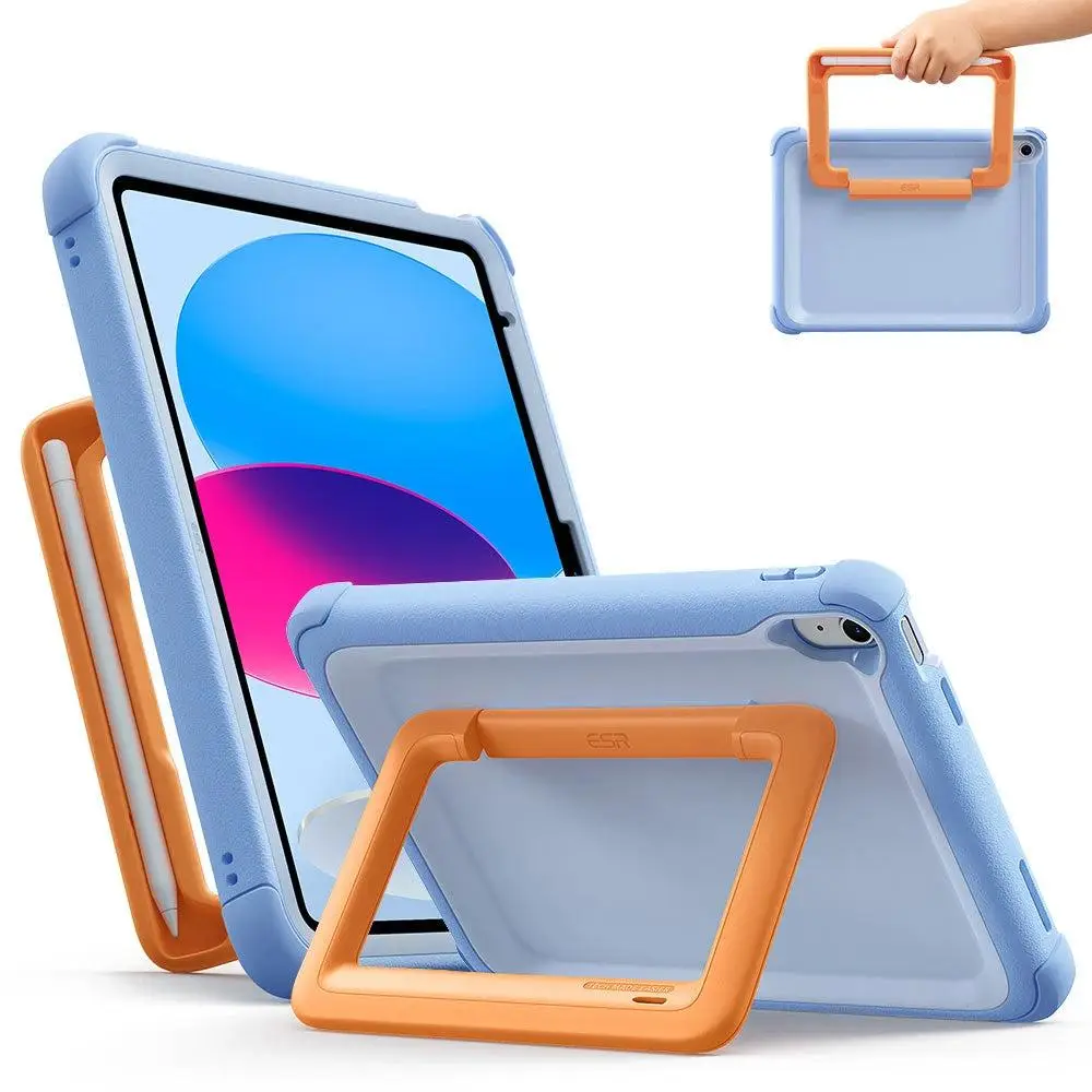 Light blue iPad case with orange handle and adjustable stand in close-up view