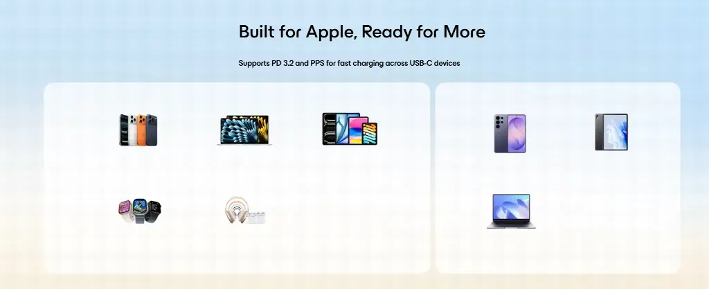 Various electronic devices including smartphones, watches, and laptops displayed on a gradient background