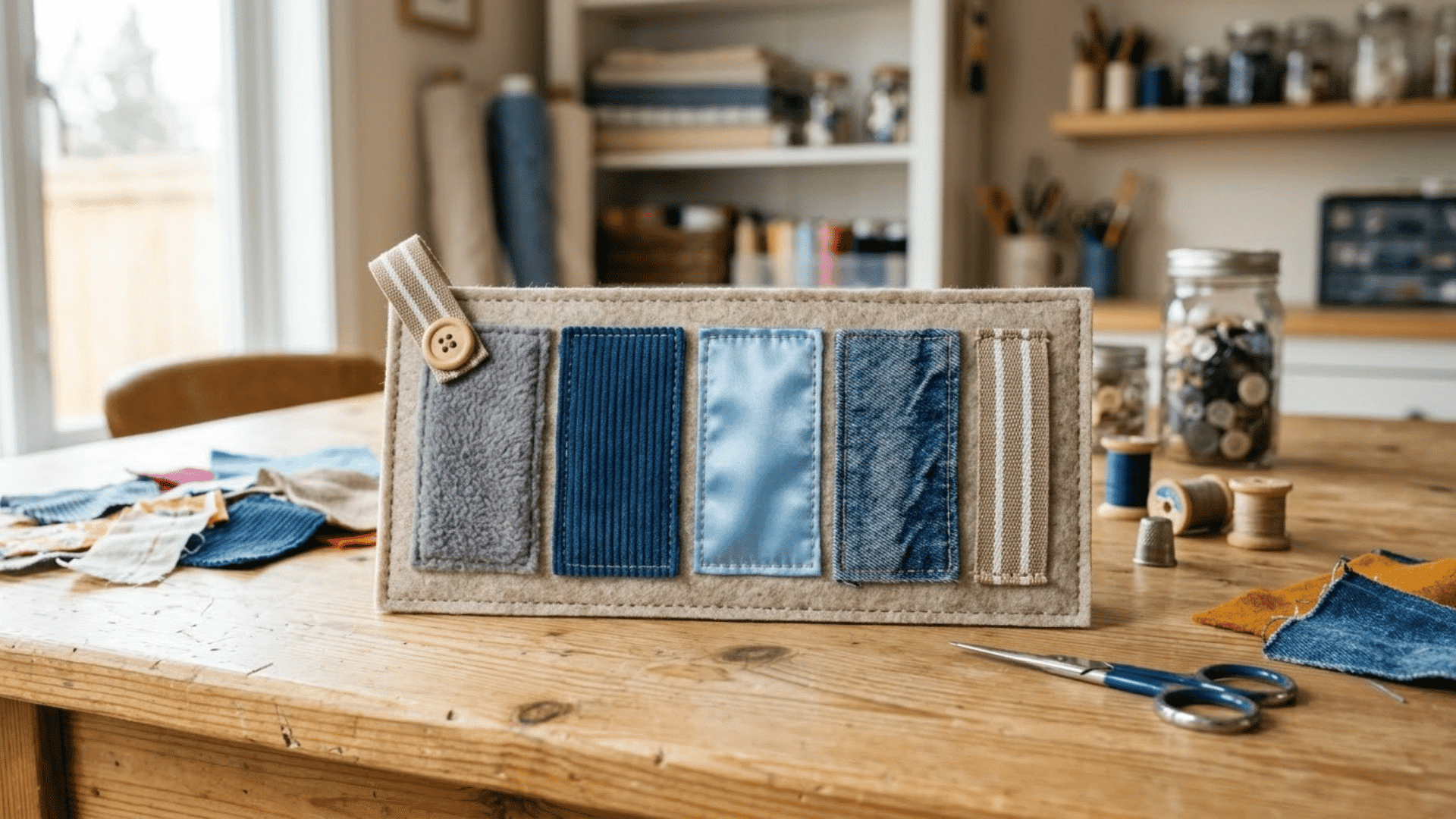 fabric texture tag with fleece corduroy satin denim and ribbon sections resting on a light wood table supplies