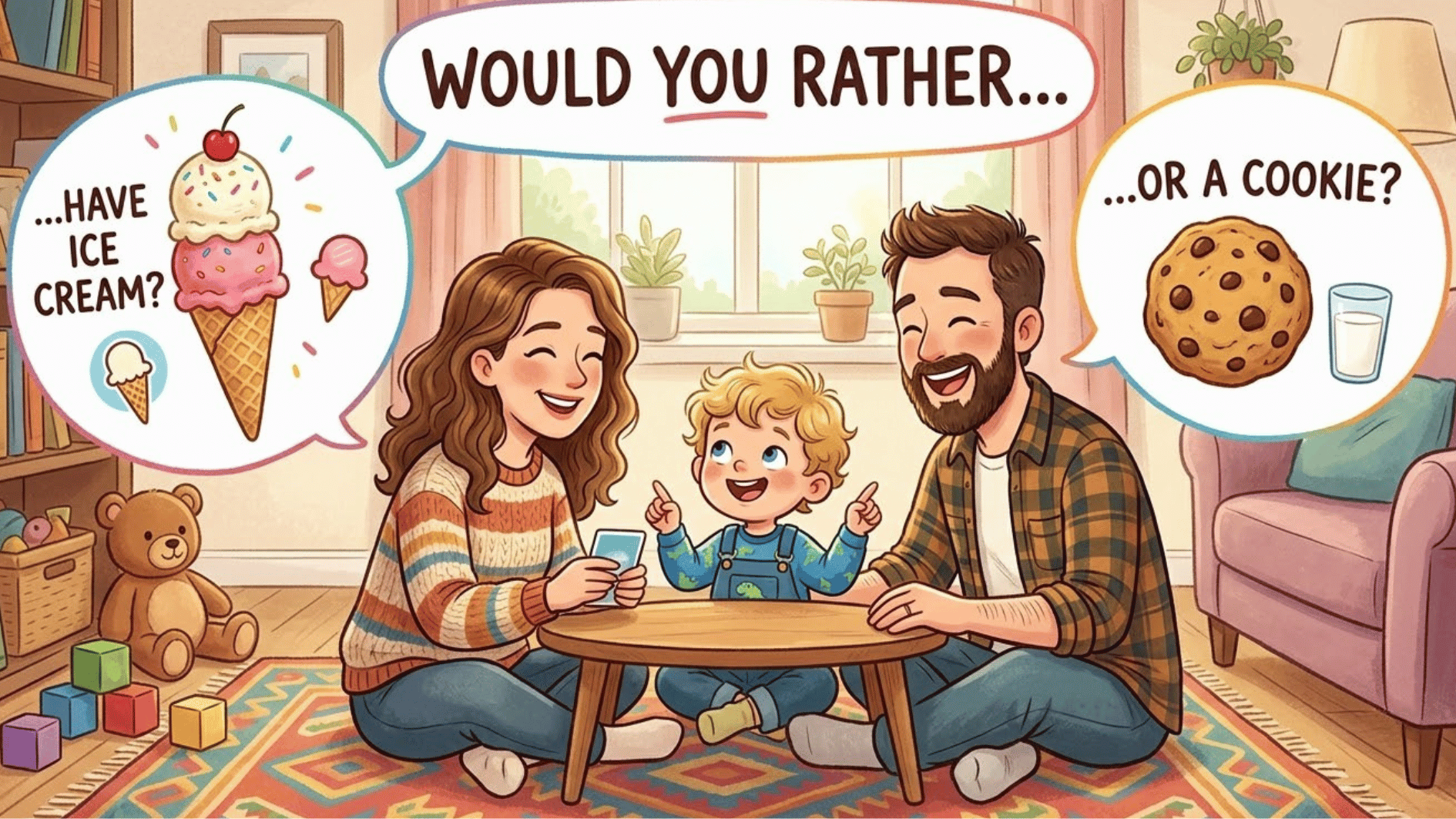 toddler sitting between parents while choosing between two playful picture cards