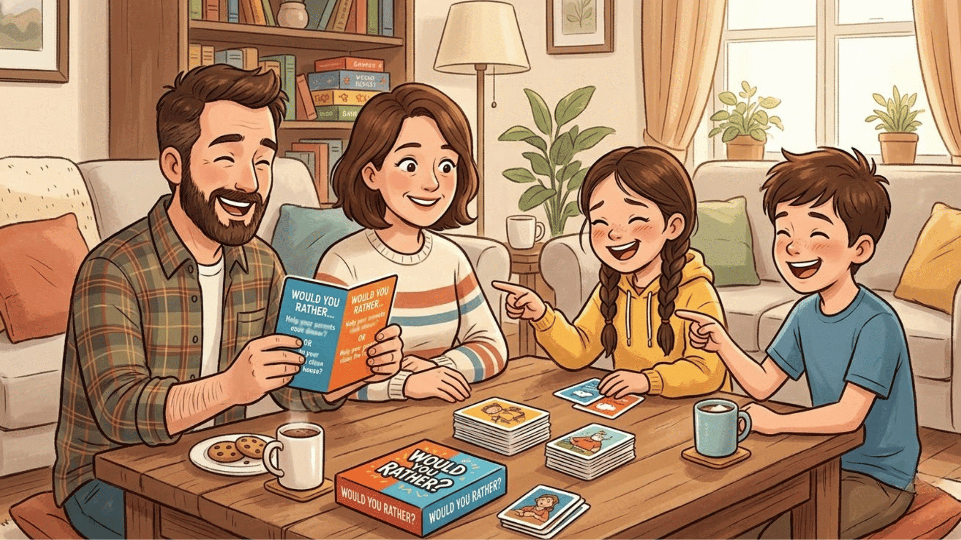 a family playing would you rather game along with the box on the table