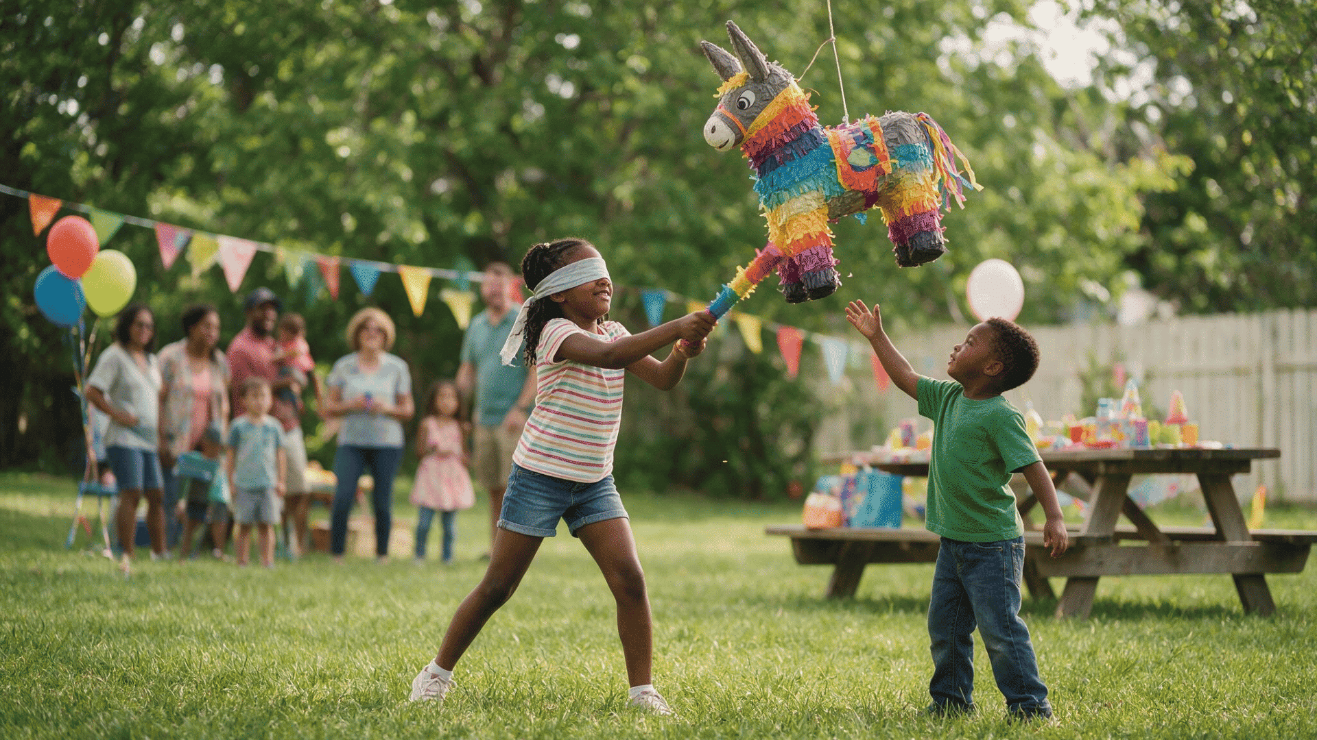 a set up of a kid game party where they are playing pinata