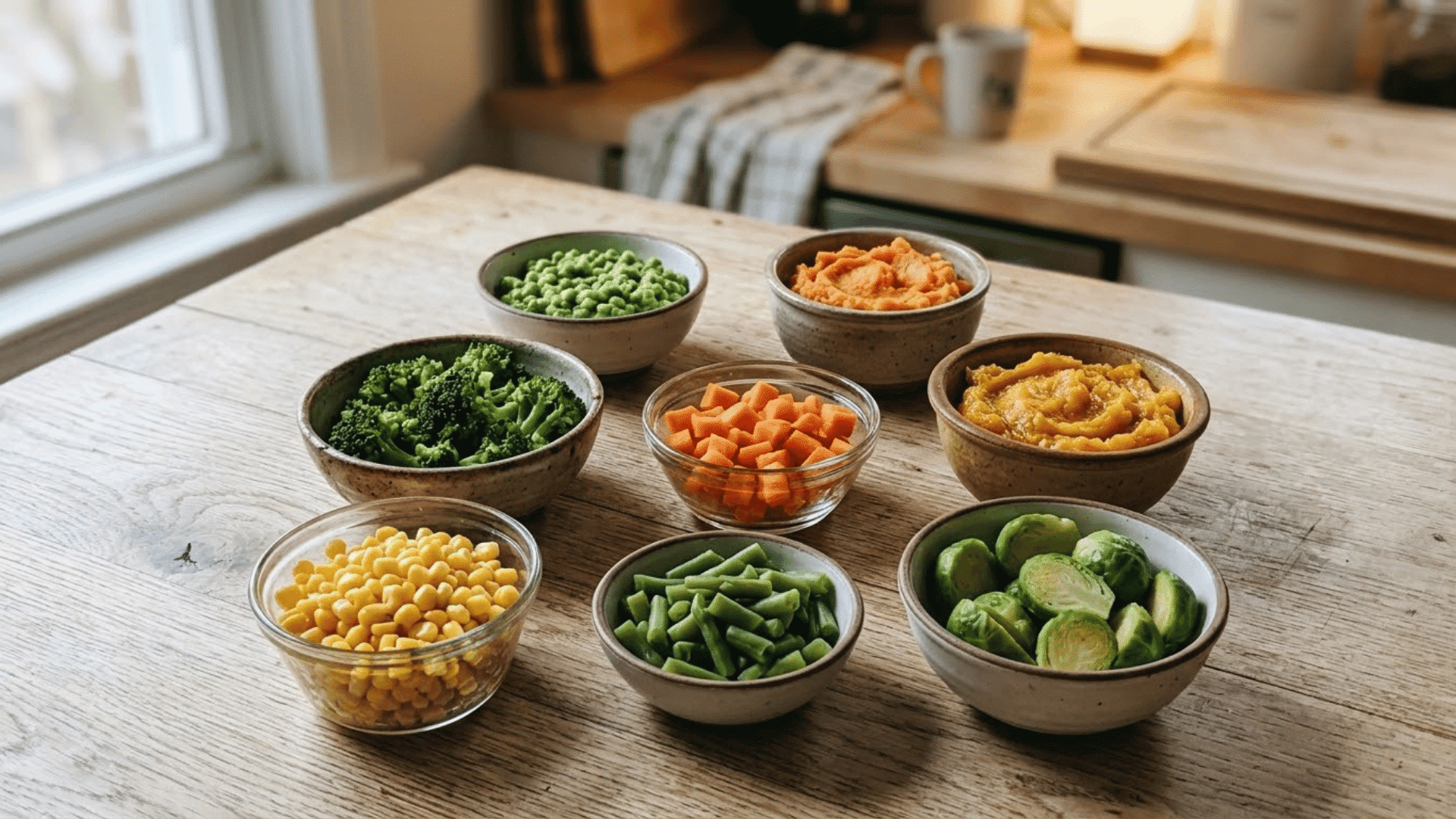 soft cooked high-fiber vegetables prepared in small toddler portions on a wooden kitchen table
