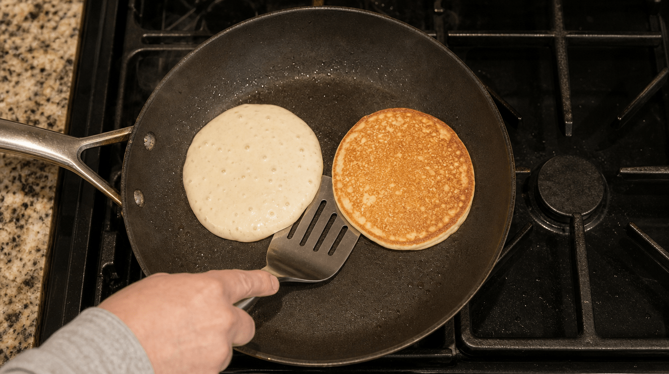 spatula flipping a pancake to reveal an evenly golden cooked side.