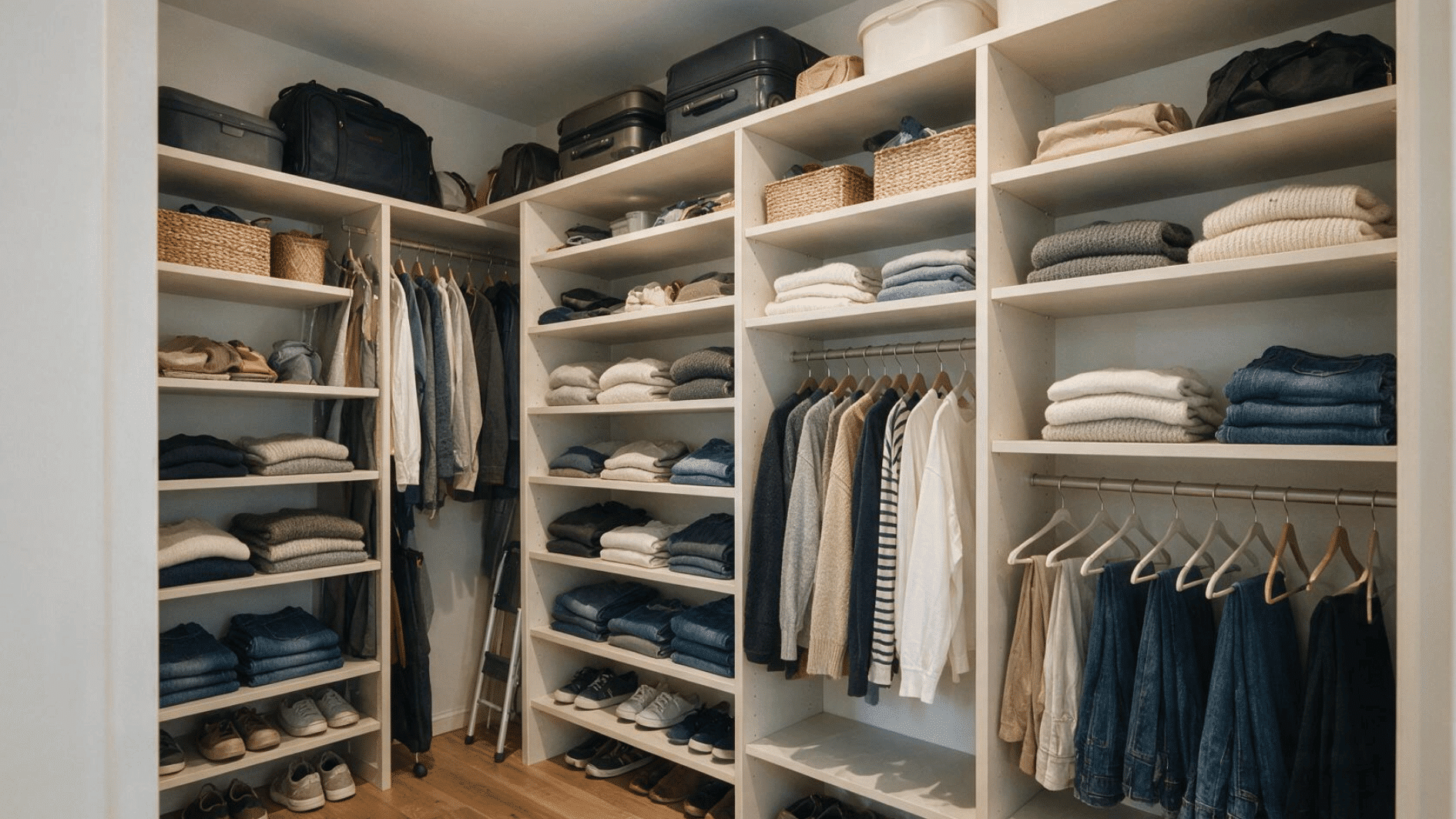 small walk-in closet with floor-to-ceiling shelves for clothes, baskets, and luggage