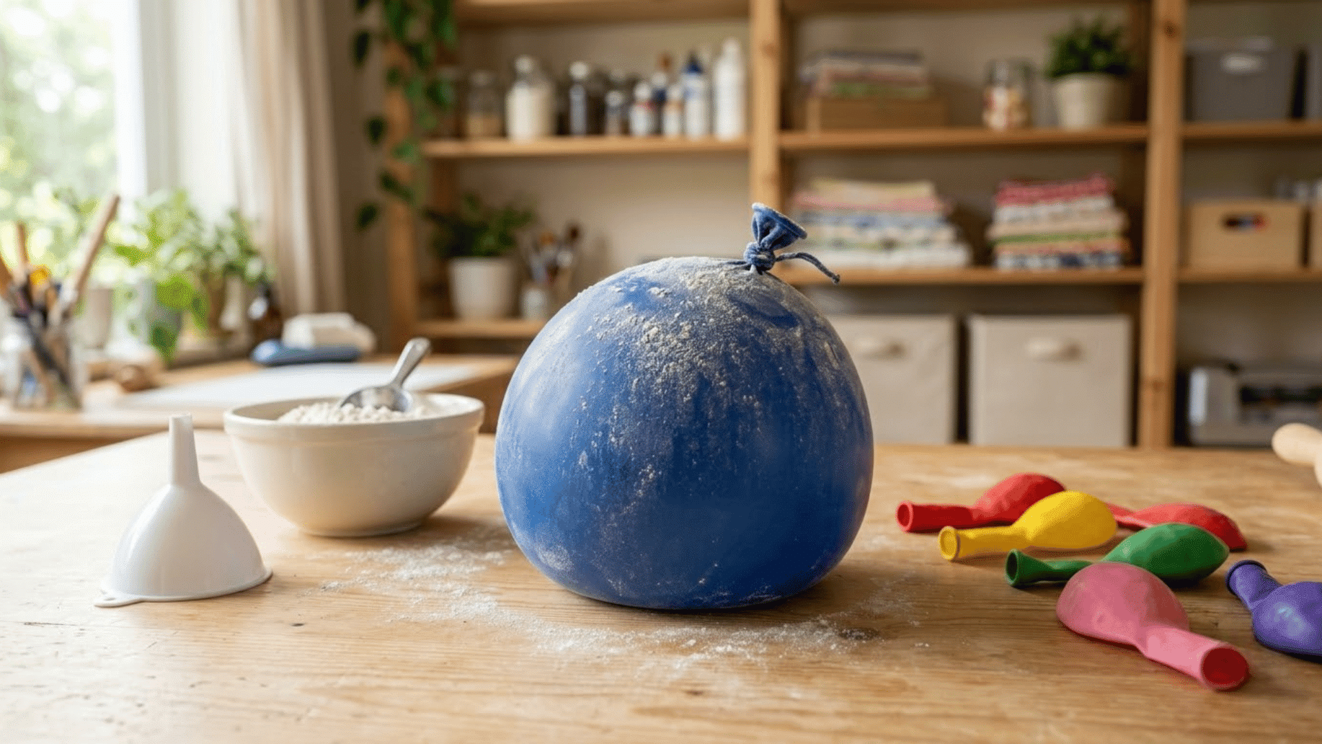flour filled balloon stress ball resting on a light wood craft table beside a funnel flour and balloons nearby