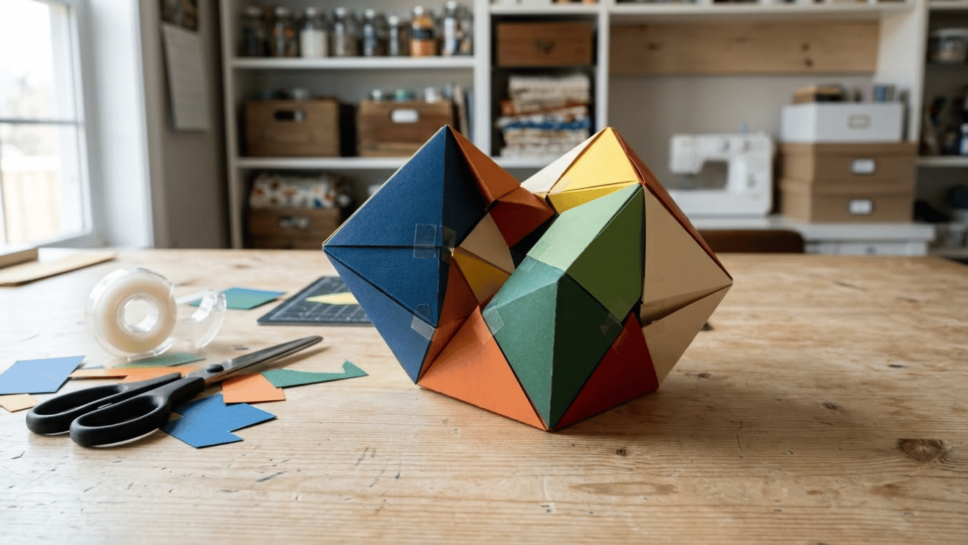 folded paper infinity cube resting partly open on a light wood table with cardstock scissors and tape close by