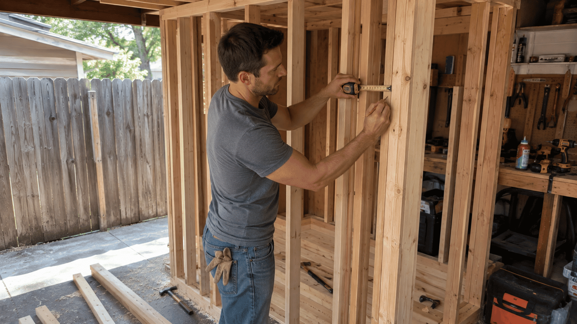 man measuring and marking wall studs while framing a <echighlighted><echighlighted><echighlighted><echighlighted><echighlighted><echighlighted><echighlighted>diy sauna</echighlighted></echighlighted></echighlighted></echighlighted></echighlighted></echighlighted></echighlighted> in his garage