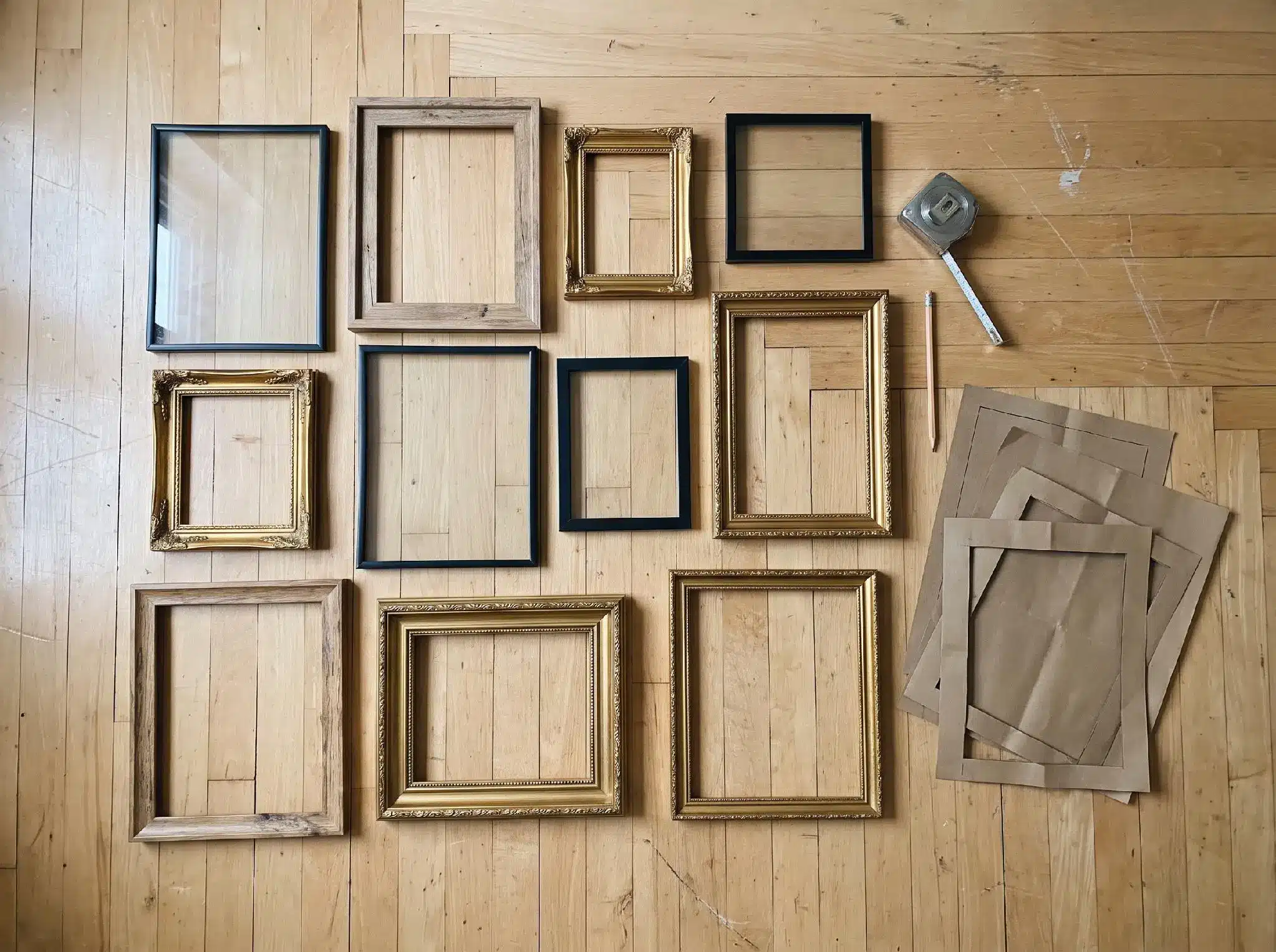 Various empty picture frames and tools arranged on a wooden floor