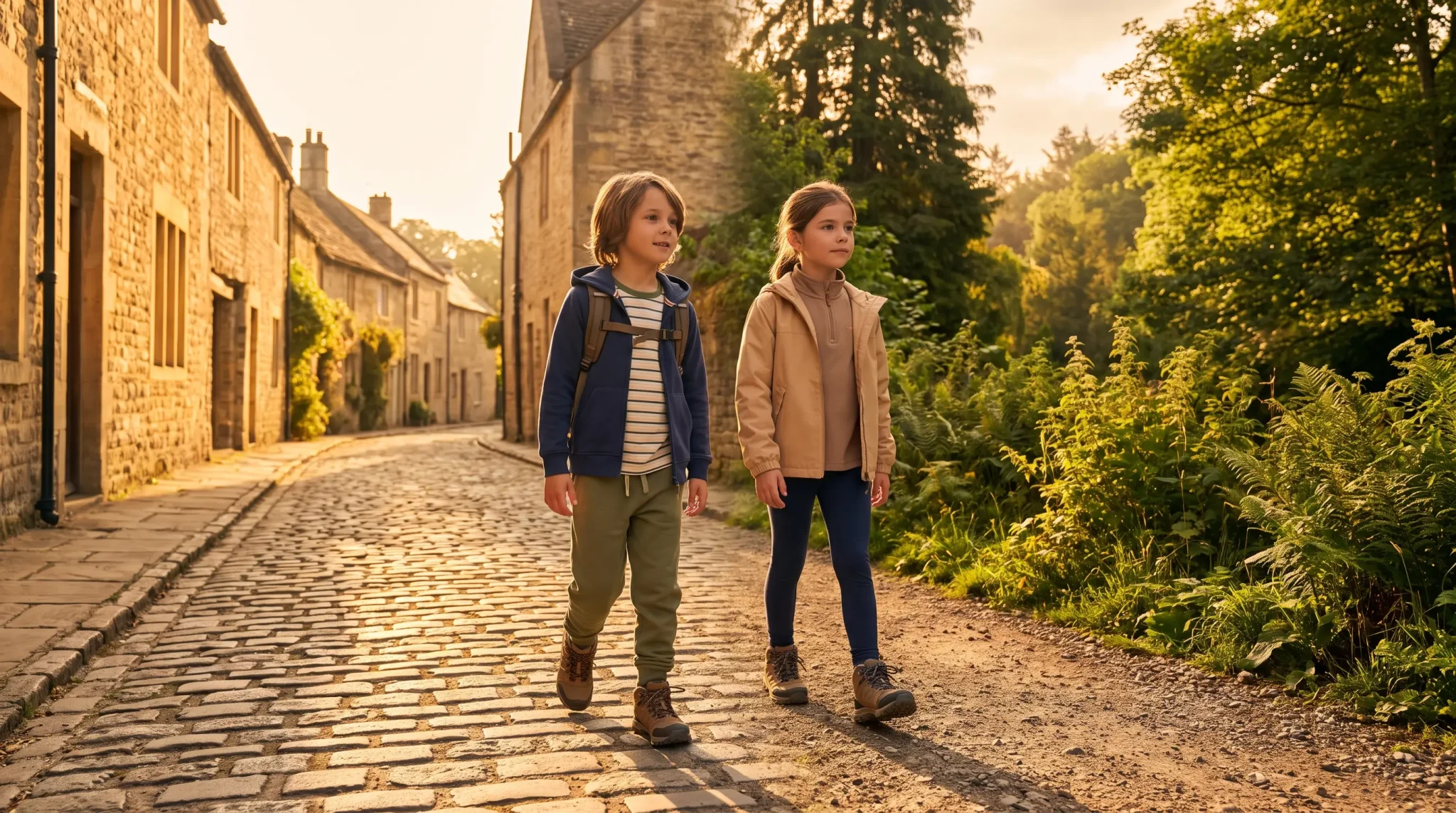 Two children walking on a cobblestone street in a quaint village under warm sunlight
