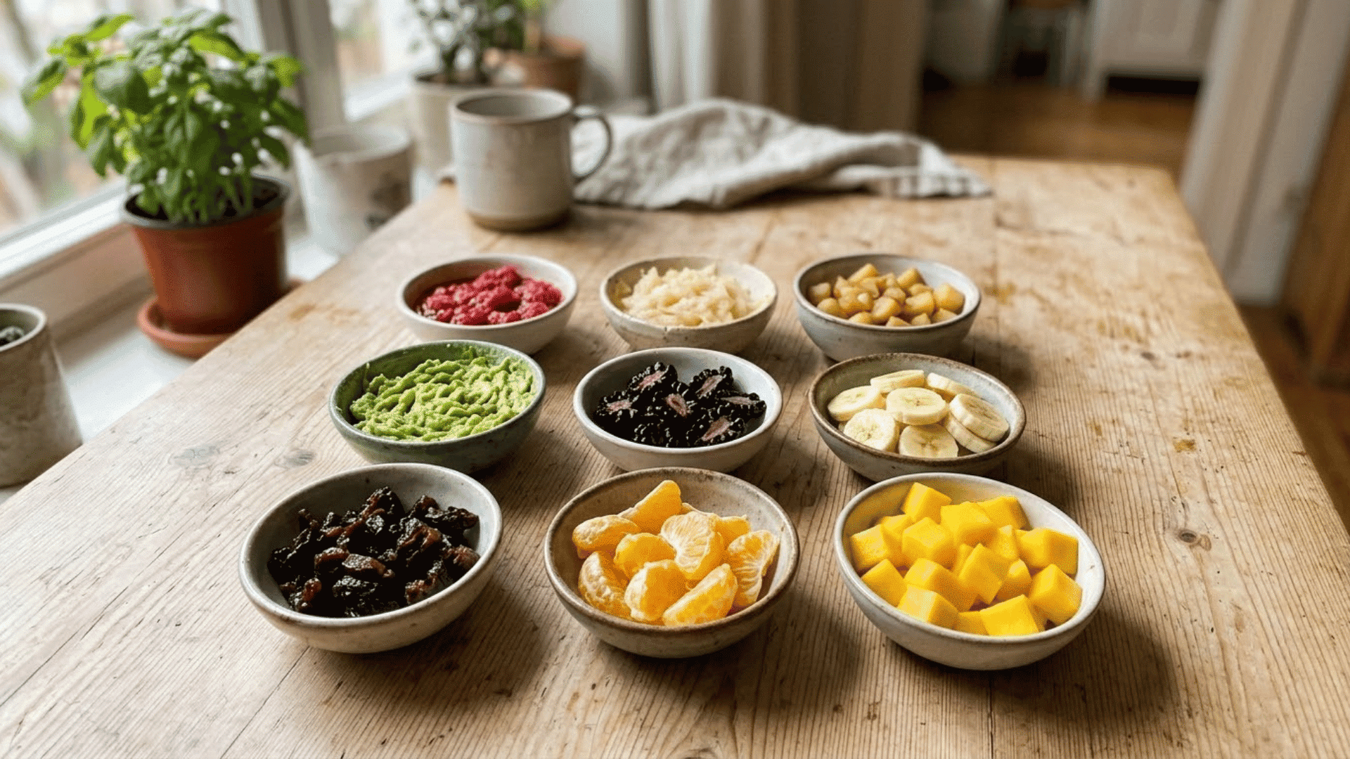 toddler-safe high-fiber fruits served in small bowls with soft, mashed, and finely cut textures