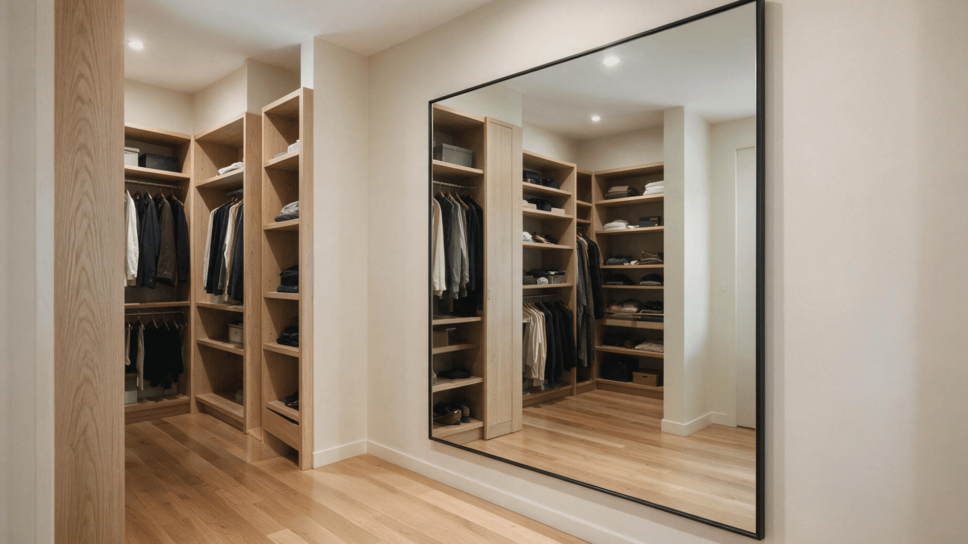 small walk-in closet with a wall-mounted full-length mirror reflecting clothing storage