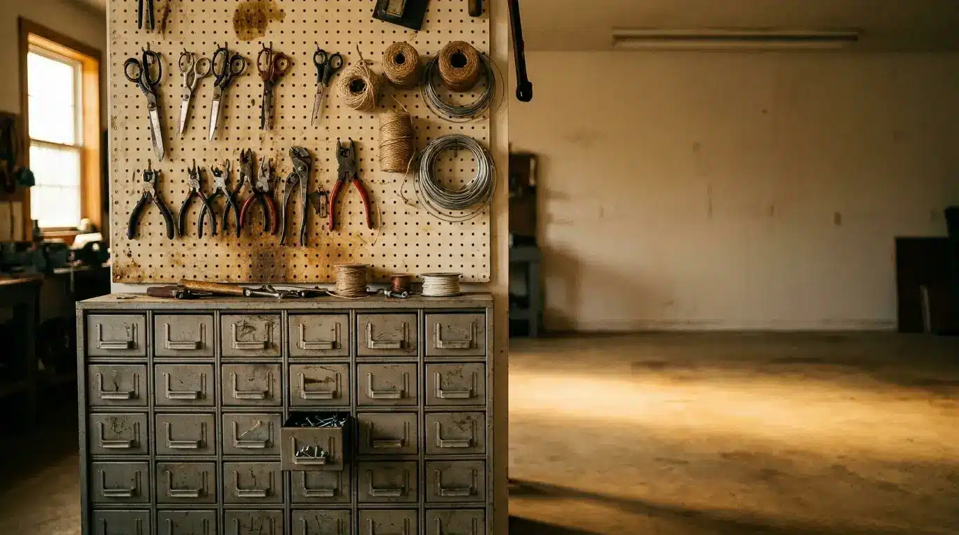 Tools hanging on pegboard above metal drawers in a well-lit workshop
