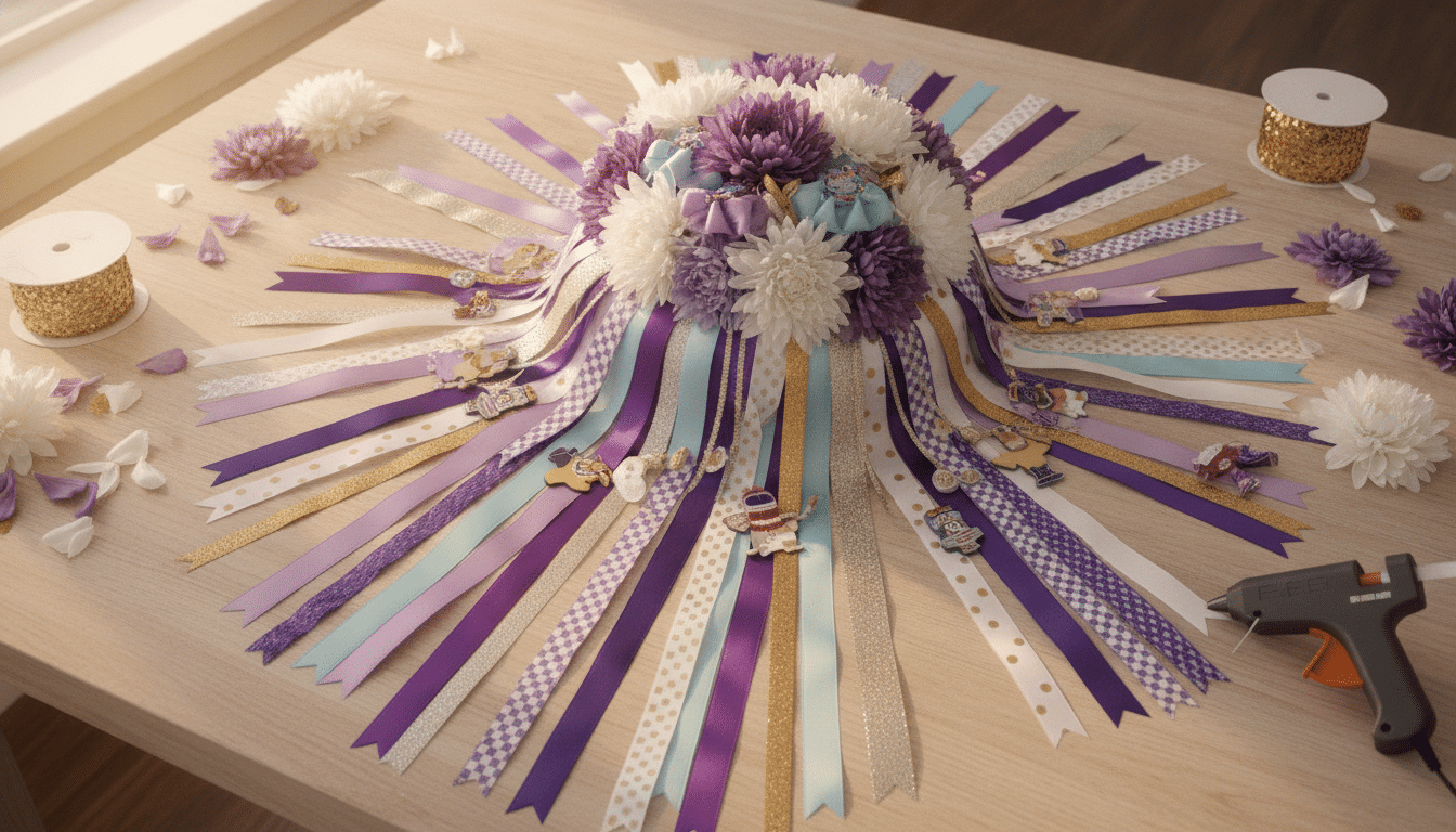 Purple and white ribbon arrangement with flowers on wooden table in bright craft room