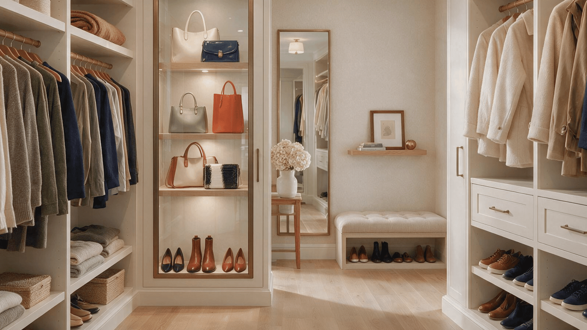 small walk-in closet with glass-front cabinets displaying organized shoes and handbags