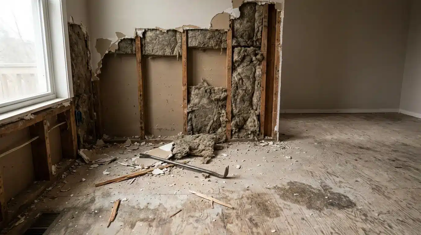 Exposed wall studs and insulation in partially demolished room with debris on wooden floor