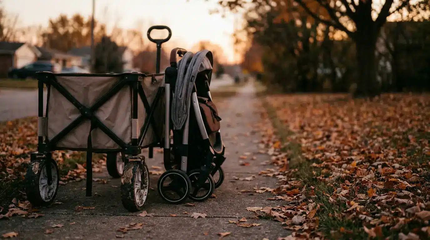 Folded stroller next to a collapsible wagon on leaf-covered sidewalk at sunset