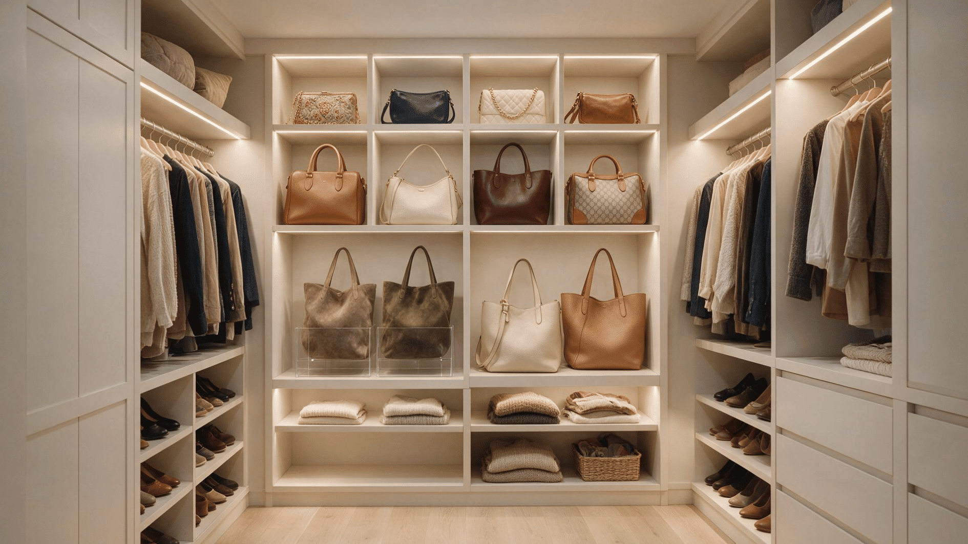small walk-in closet with individual cubbies keeping handbags upright and organized